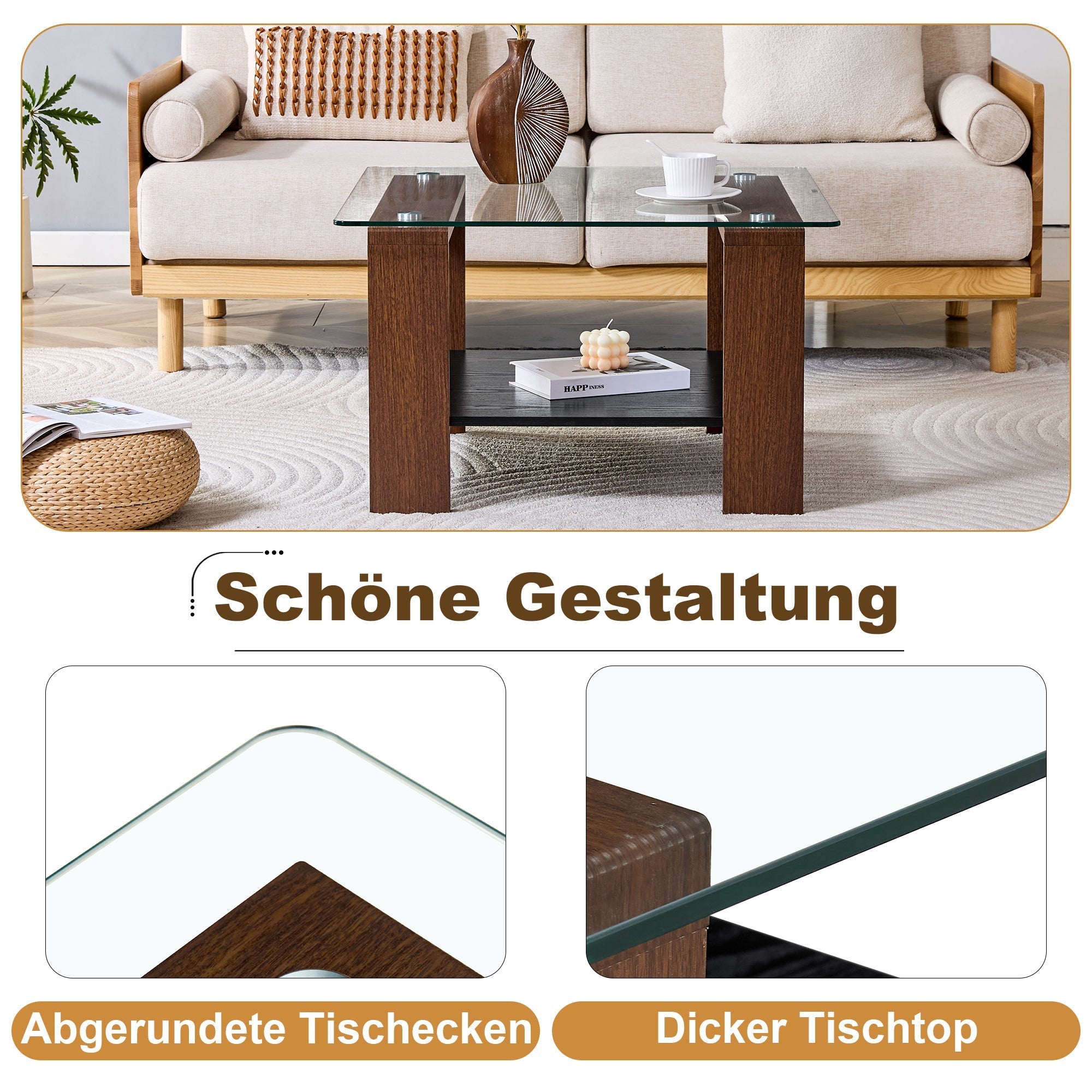 Modern Coffee Table with Storage and Tempered Glass Top, 65x41x45.5cm, Walnut Wood