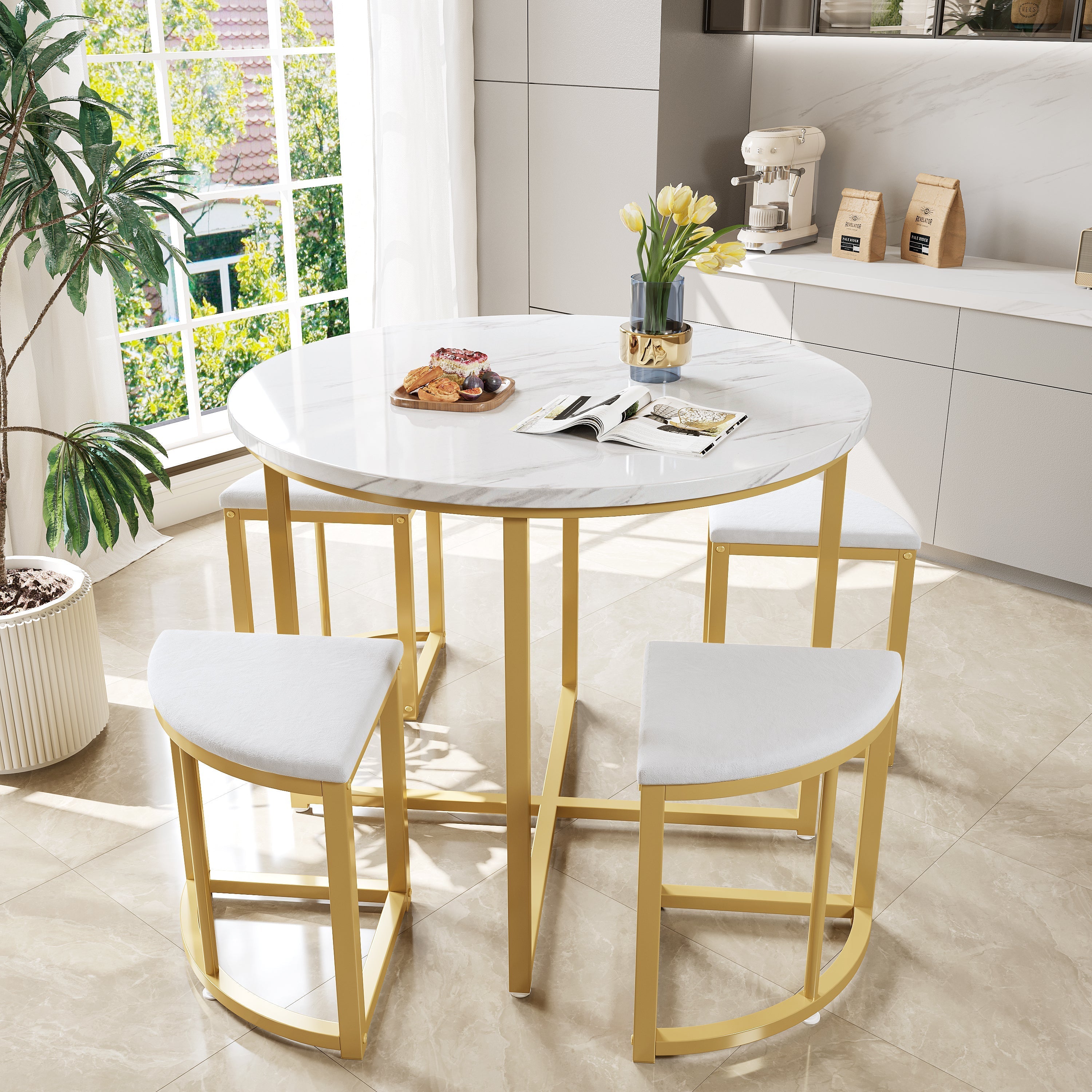 Dining Room Table Set with Four Chairs, MDF Tabletop, Gold-Plated Iron Frame, Velvet Chair, White