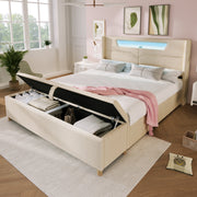 Upholstered Bed Set 140x200 LED USB-C Storage Bench, Beige Linen/Corduroy