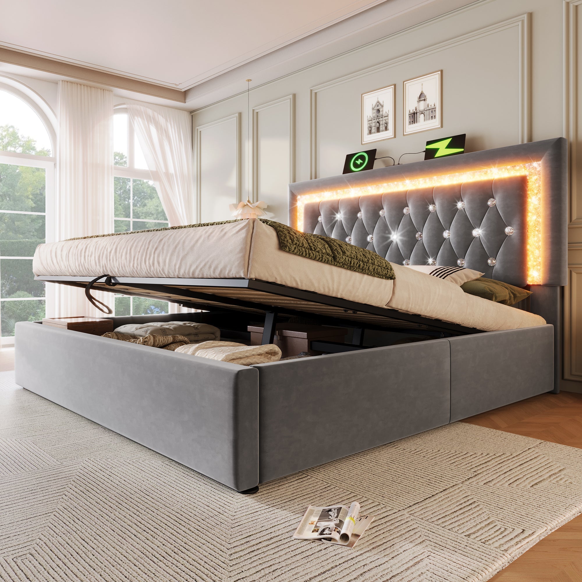 Upholstered Double Bed 180x200cm Hydraulic Storage LED USB/Type-C - Velvet Grey