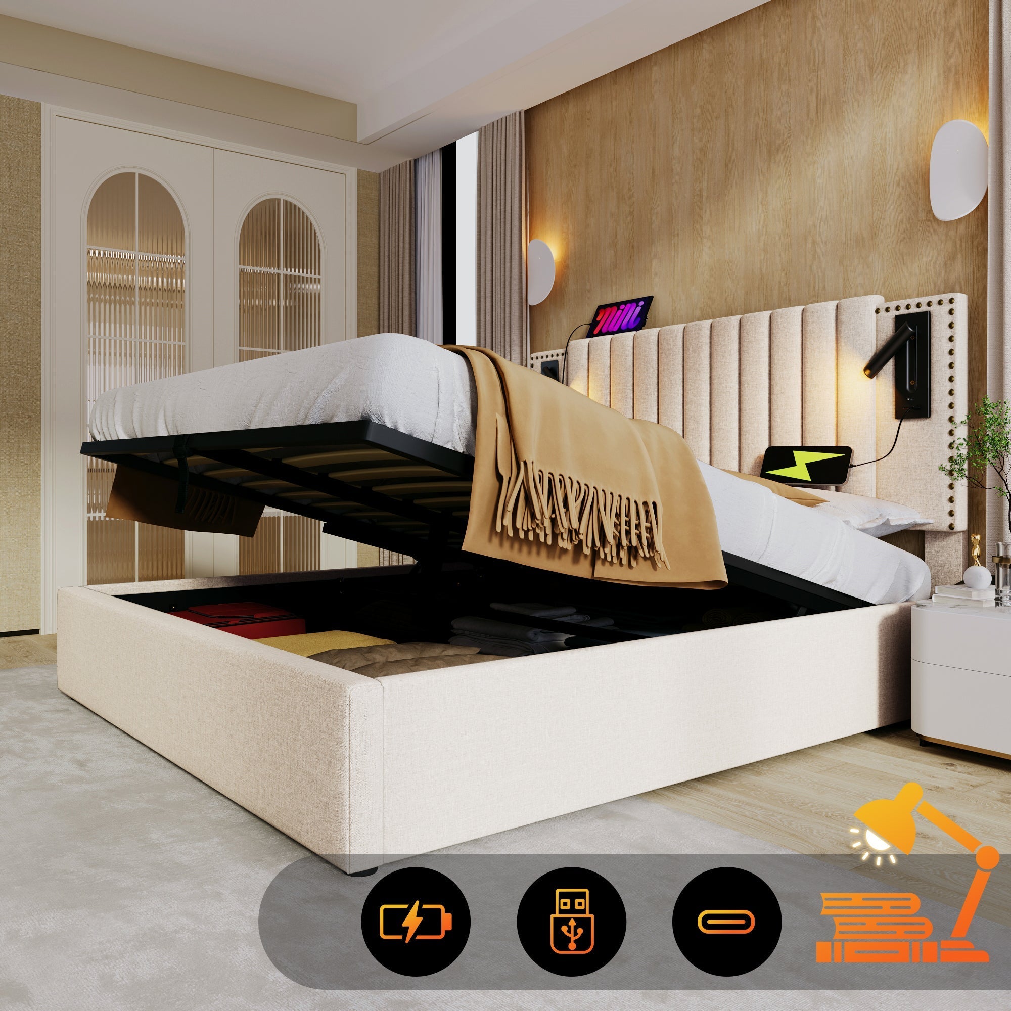 Upholstered Bed, 180x200 Double with Storage, USB Reading Light & Rivet Headboard, Beige Cotton