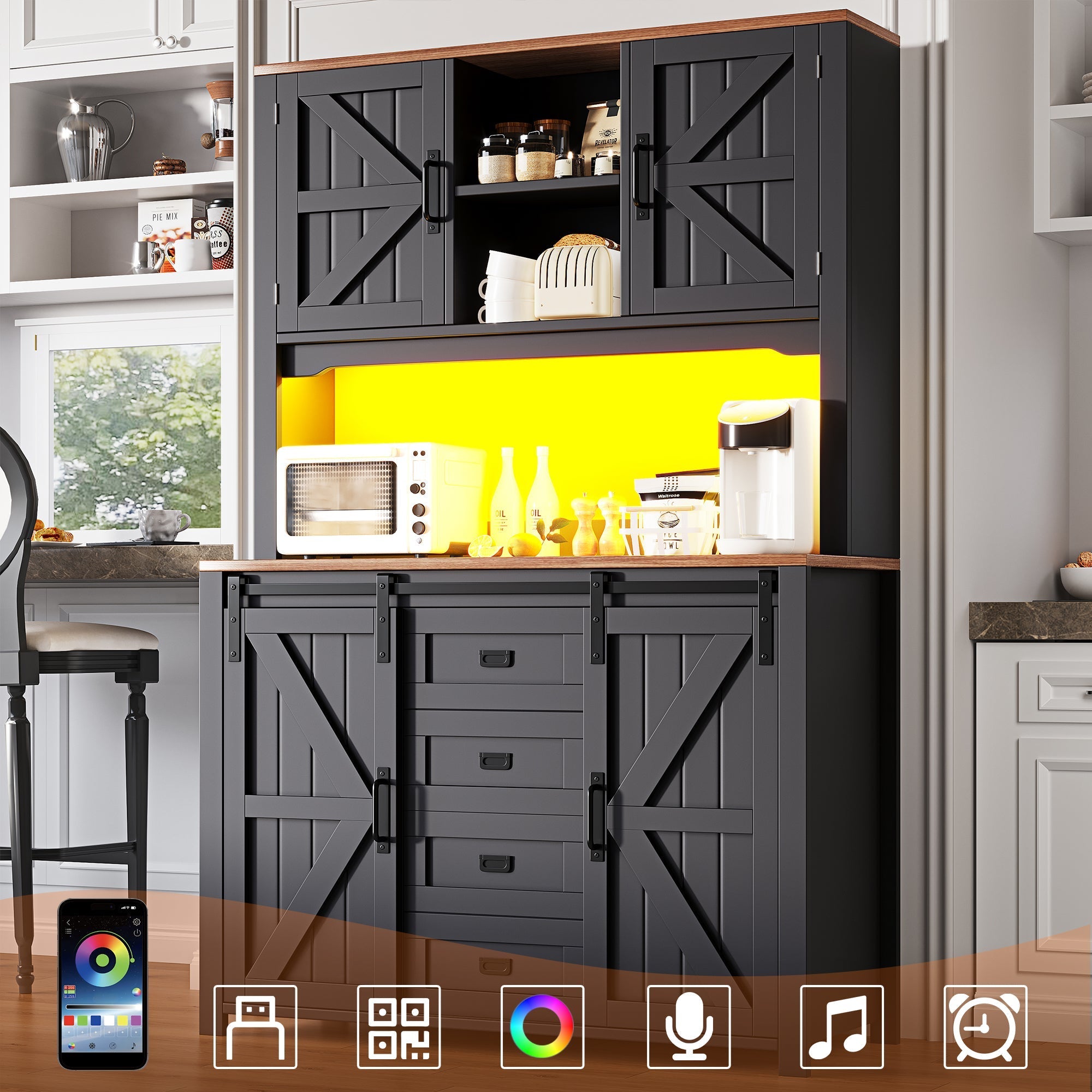 Tall Kitchen Sideboard 115x40x175cm Sliding Doors LED - Black/White