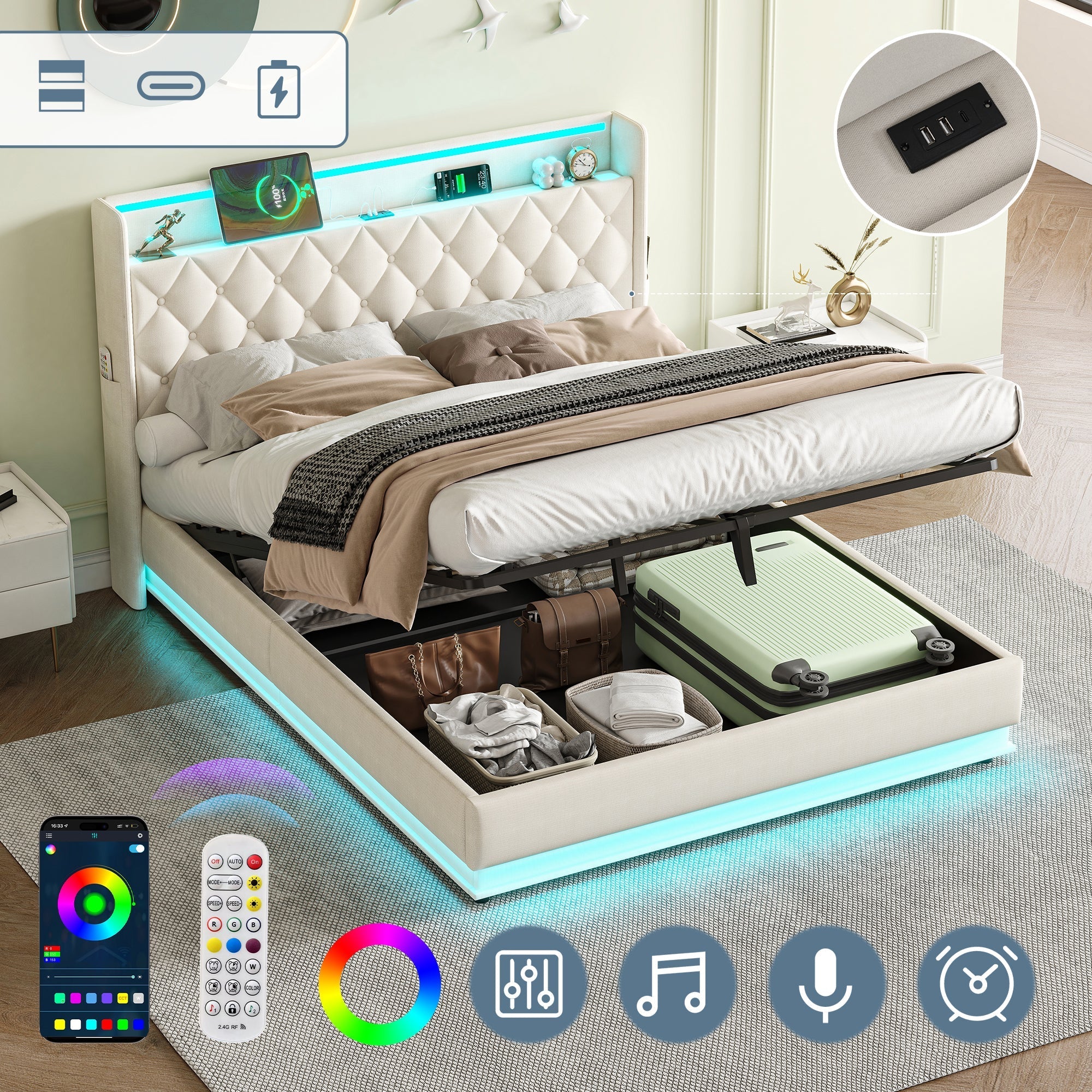 4ft6 Double Upholstered Bed Frame with Hydraulic Storage, LED Headboard & Charging Station, Beige