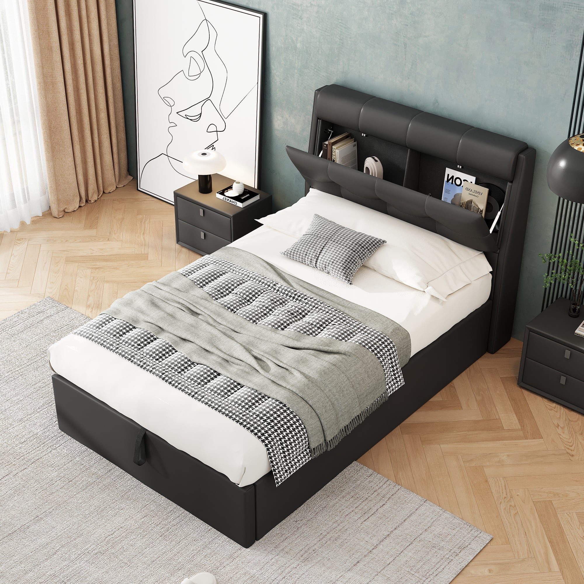 Upholstered Bed 90x200 Hydraulic Storage Concealed Headboard - PU Black