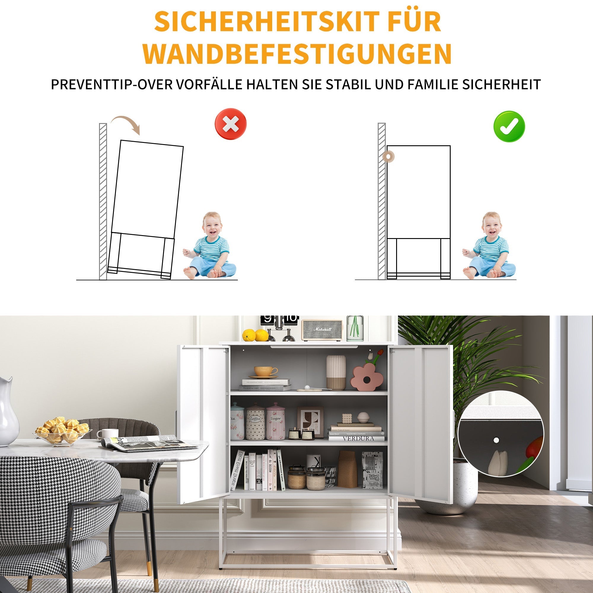 Metal Sideboard 2 Shelves Magnetic Doors Freestanding - White