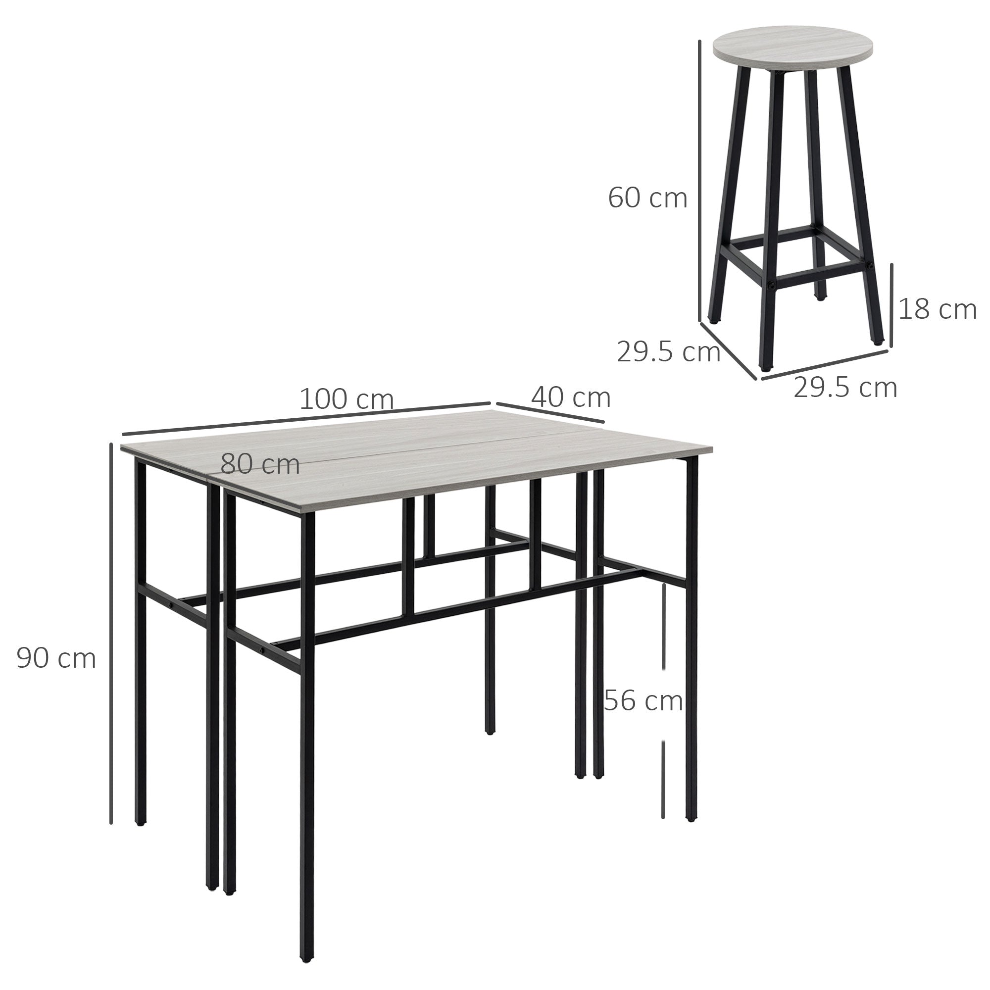 Dining Set, 6-Piece with 2 Bar Tables and 4 Stools, Industrial Design, Gray and Black Chipboard and Steel