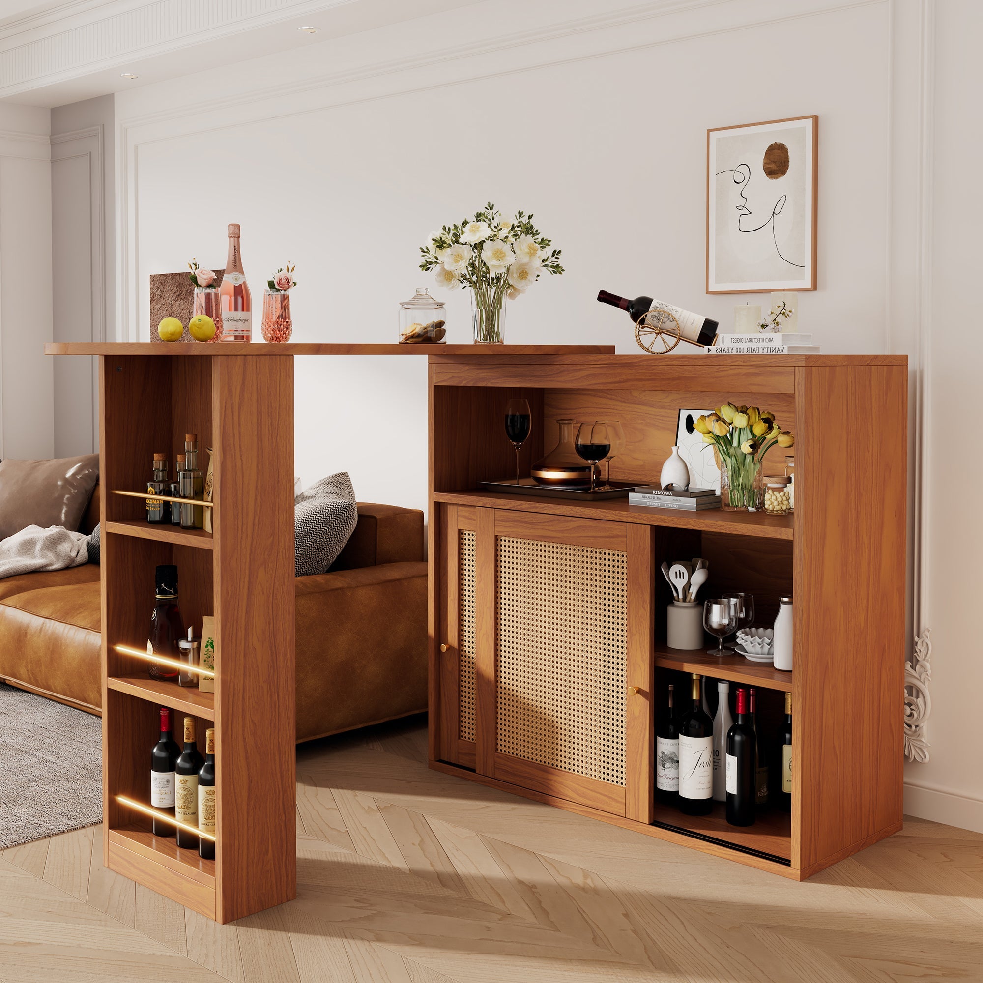 Extendable Bar Table, Adjustable Shelves Rattan Weave