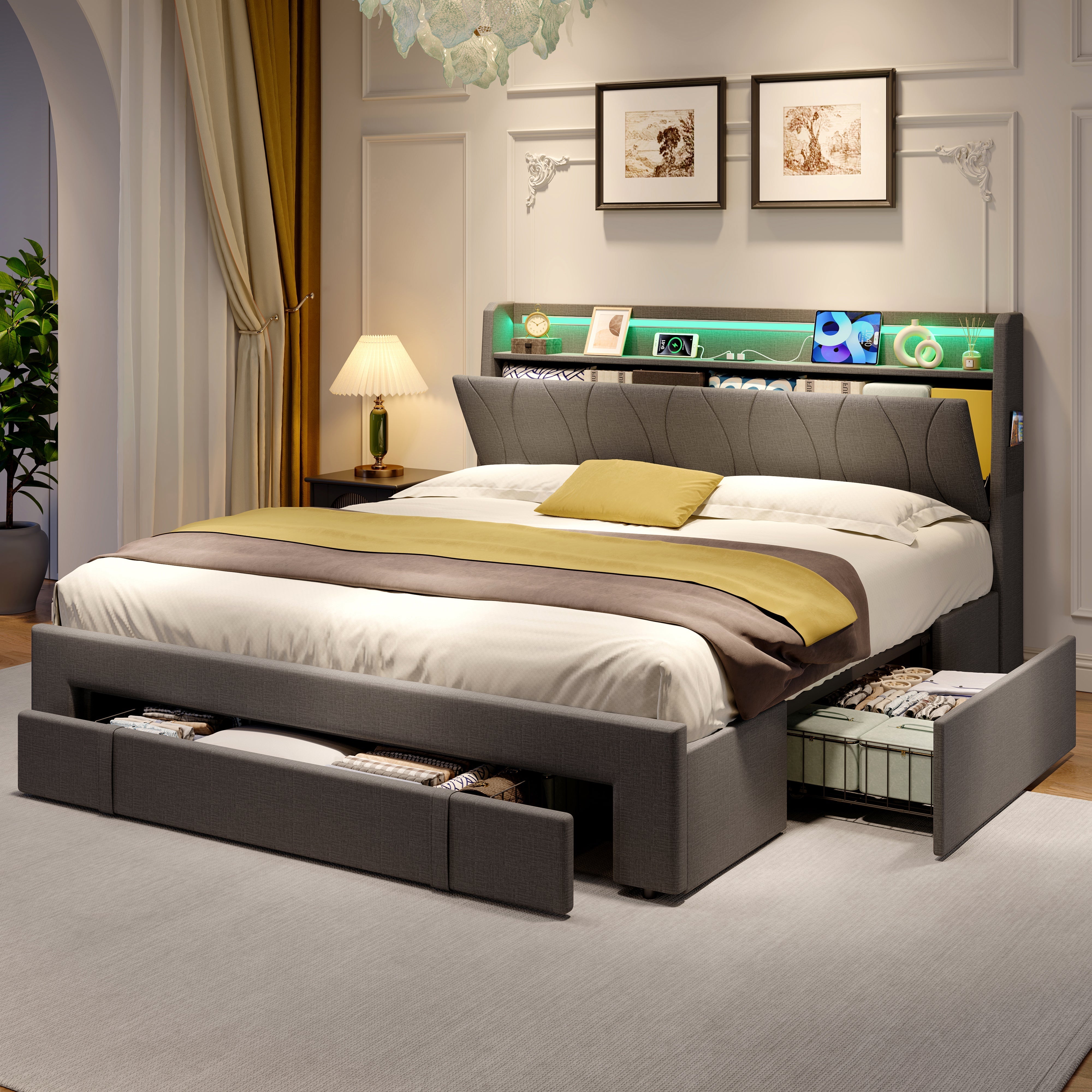 4ft6 Double Upholstered Bed, 3 Storage Drawers LED Headboard Charging Station, Linen Grey
