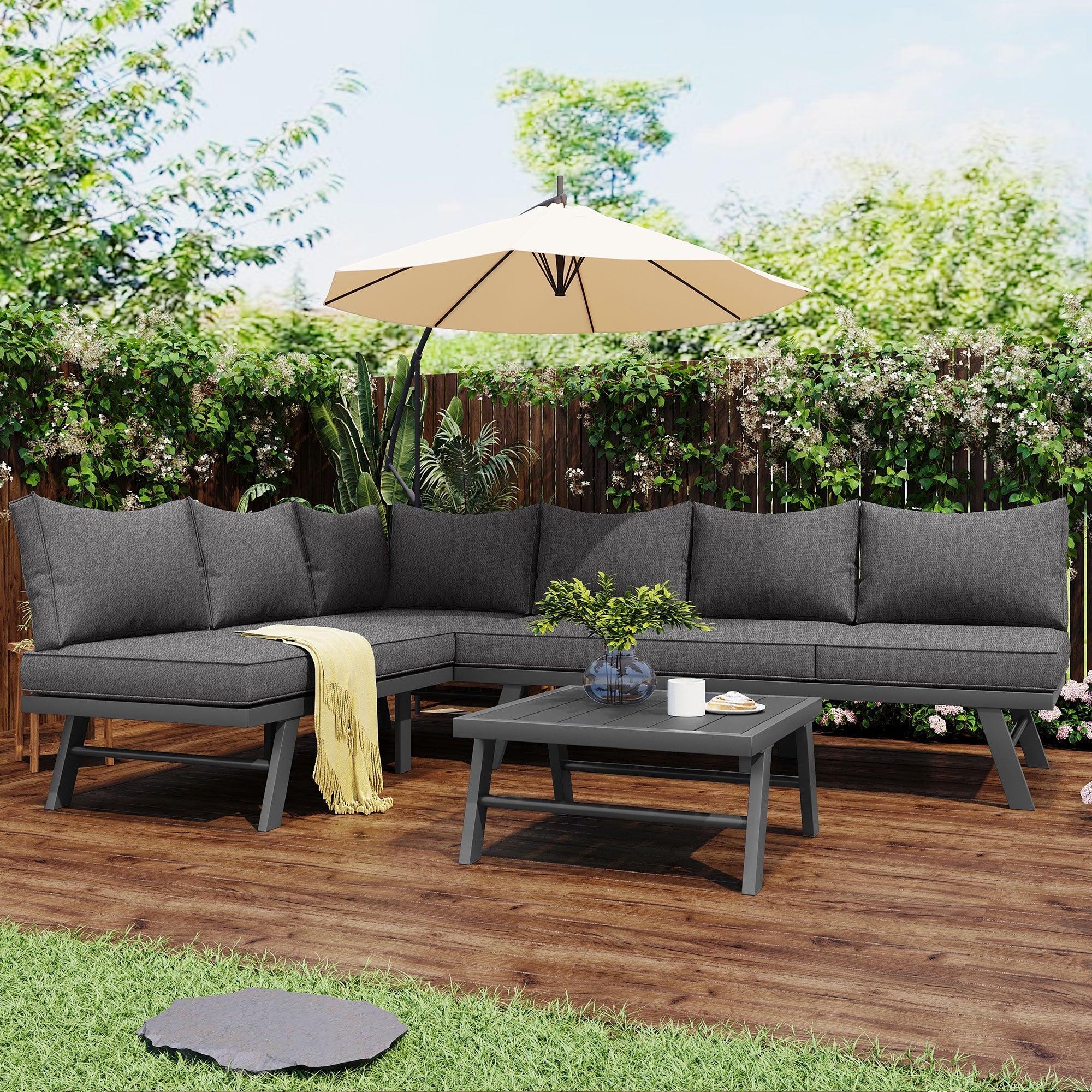 Garden furniture set lounge chair set 5-6 people 2 3-seater sofas 1 table with 7 gray cushions dark gray galvanized iron