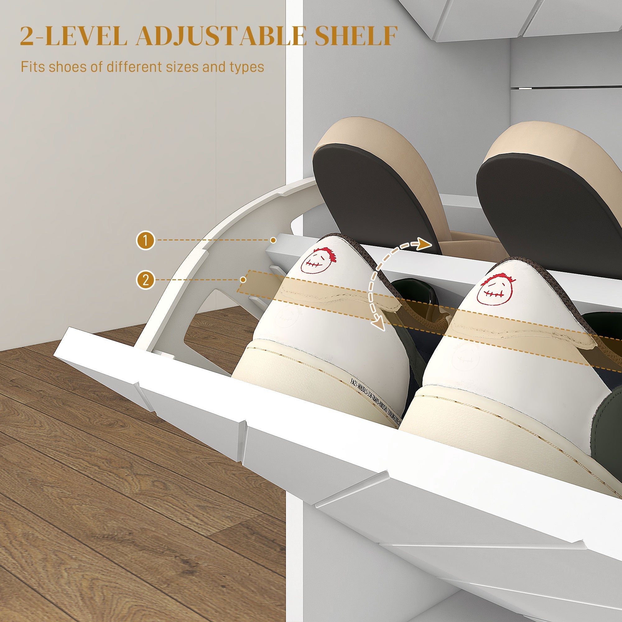 Shoe Storage Cabinet, 12 Pair Capacity with Chevron Indents and Gold Accents - White