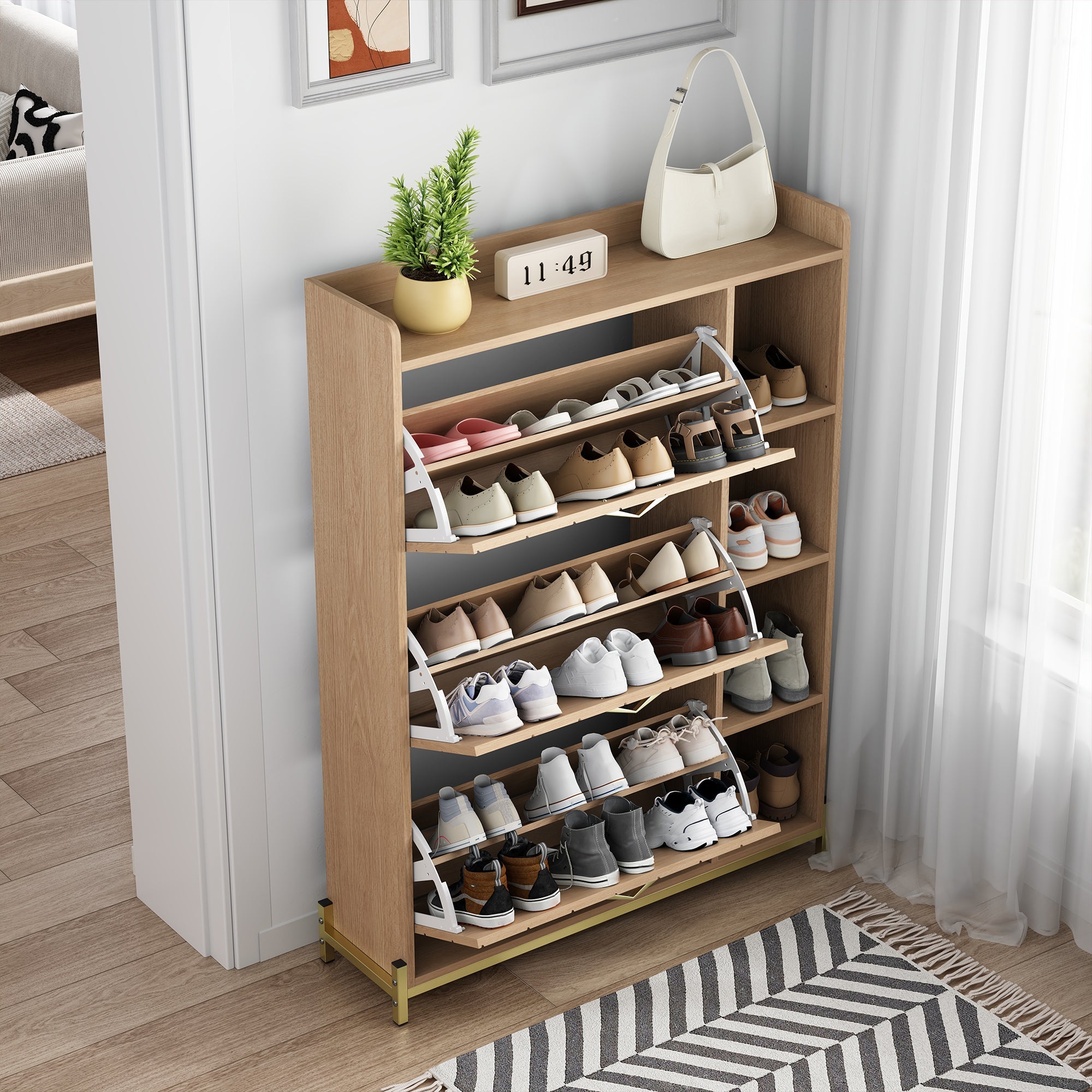 Nordic Style Shoe Cabinet with 3 Doors, Hinged Lid and Side Shelves, Oak Grain