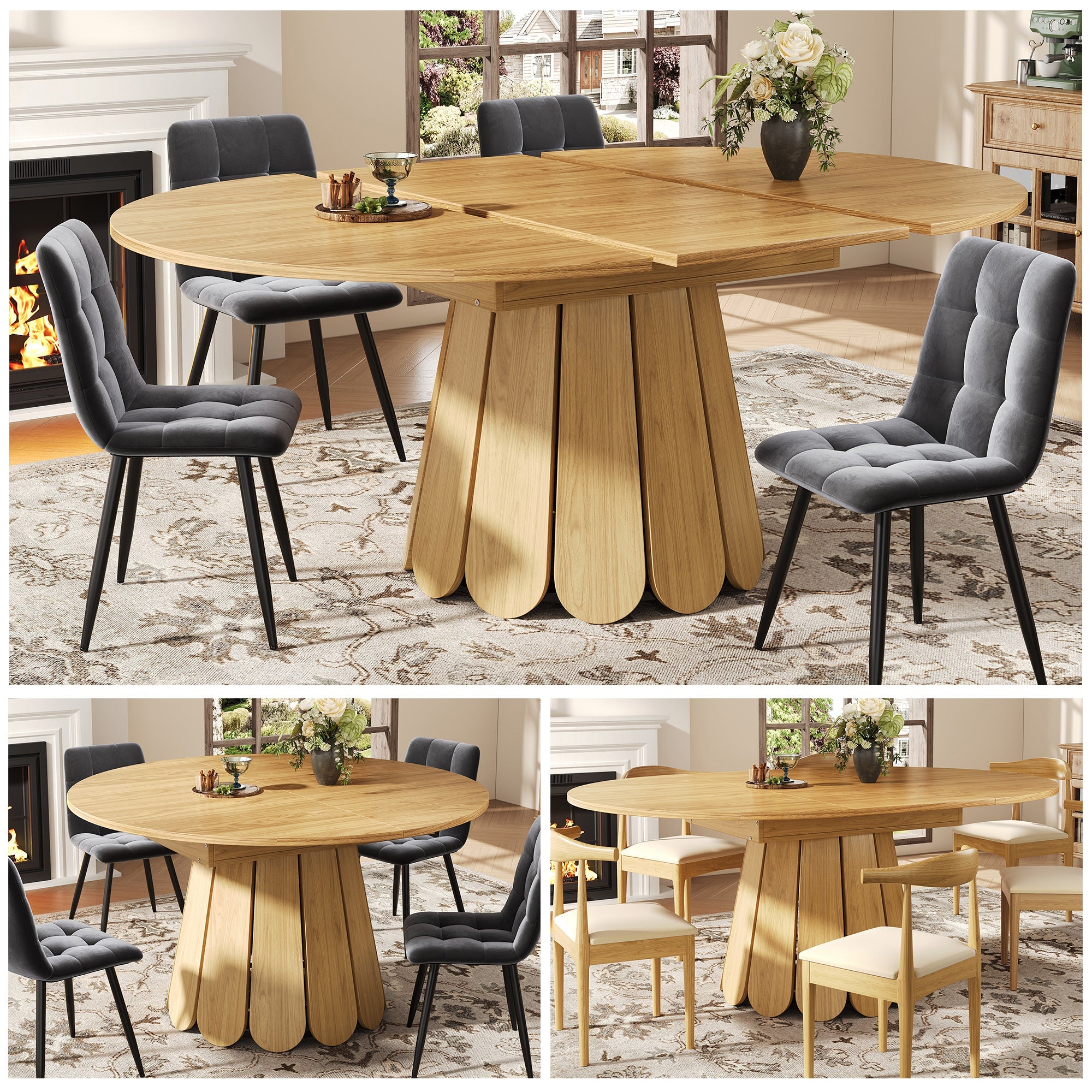Extendable Round Dining Table 118-158cm Extends to Oval 6 Seater - Wood Color