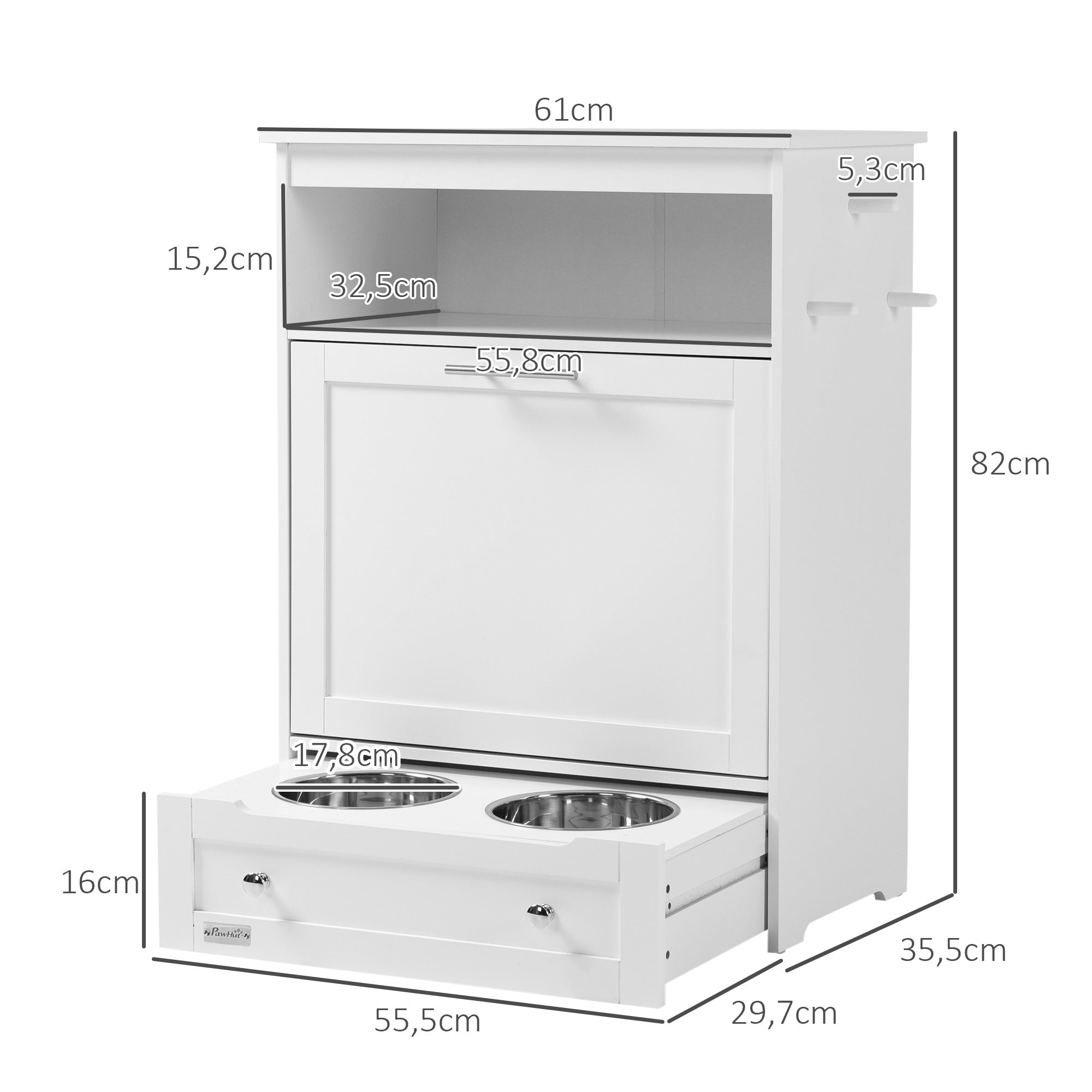 Pet Food Cabinet, 2 Stainless Steel Bowls Storage Tilting Door, White