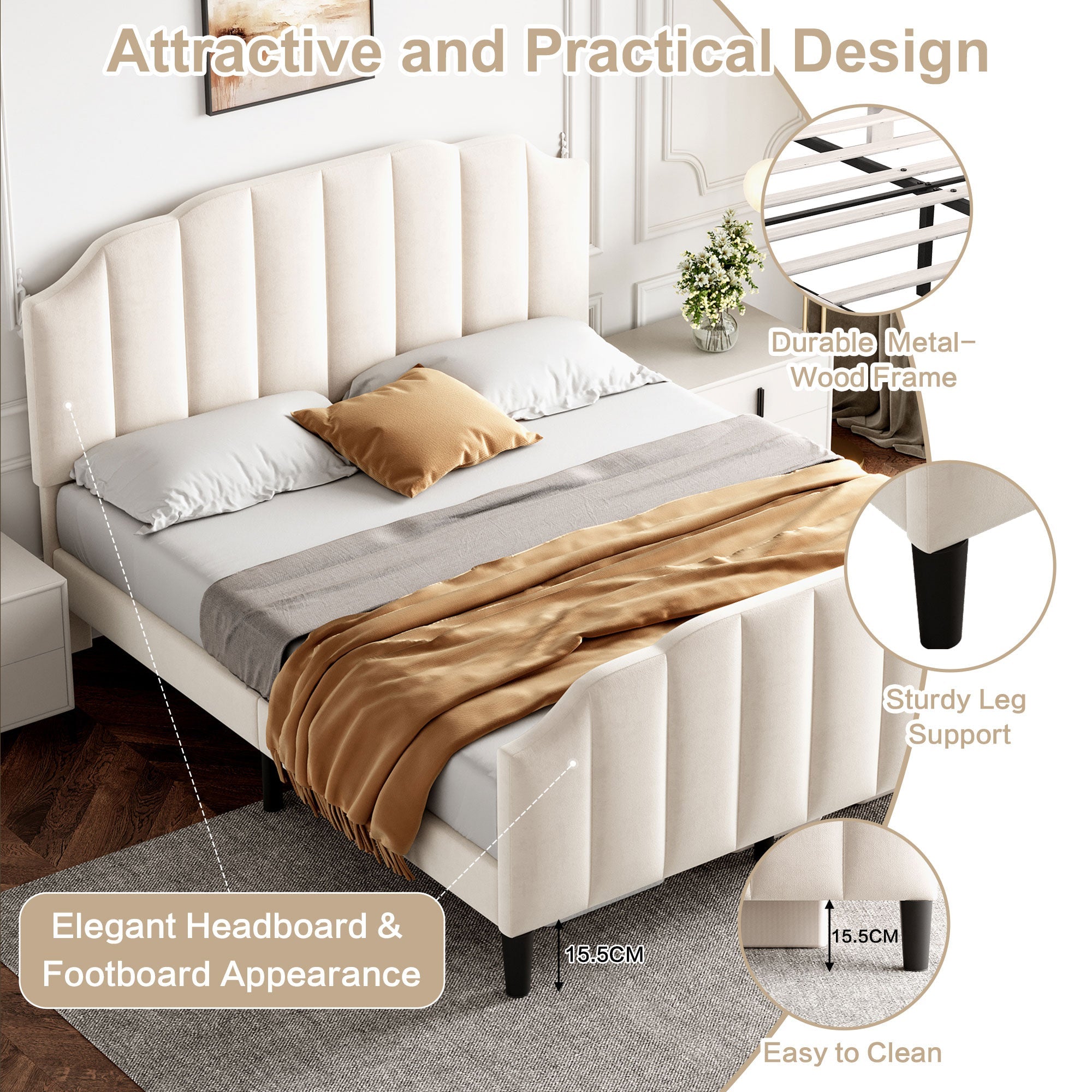 4ft6 Double Upholstered Bed Frame with Adjustable Channel-Tufted Headboard and Solid Wood Slat, Velvet Beige