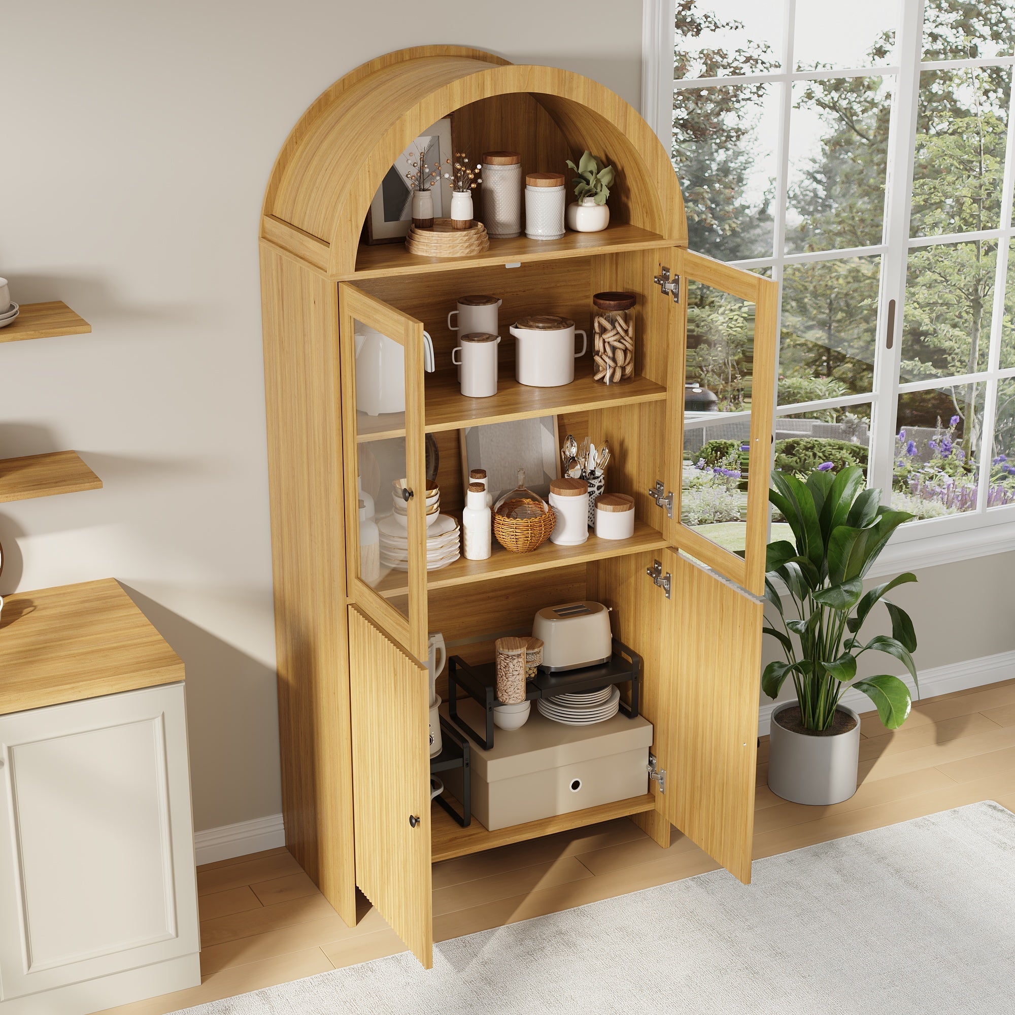 Sideboard with Arched Top, Glass Doors and Wave Pattern Storage Cabinet, Wood