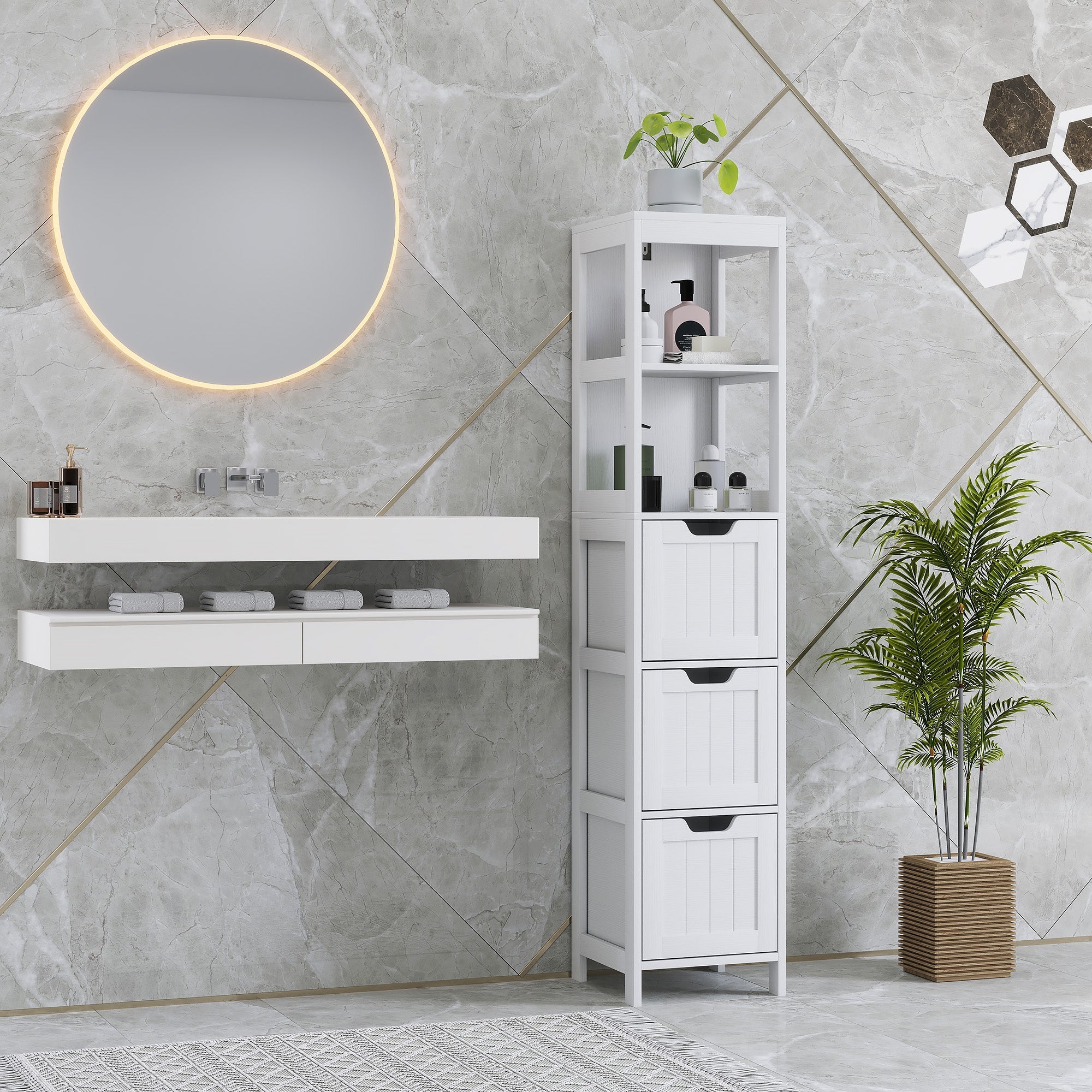kleankin Bathroom Cabinet, Tall with 3 Drawers, 2 Open Compartments, White