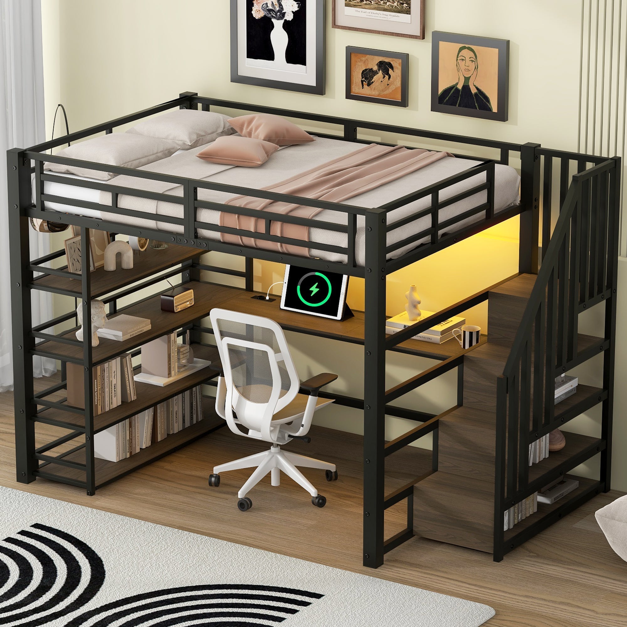 Metal Loft Bed with Stairs, Desk, Storage, USB and LED, 140x200, Black