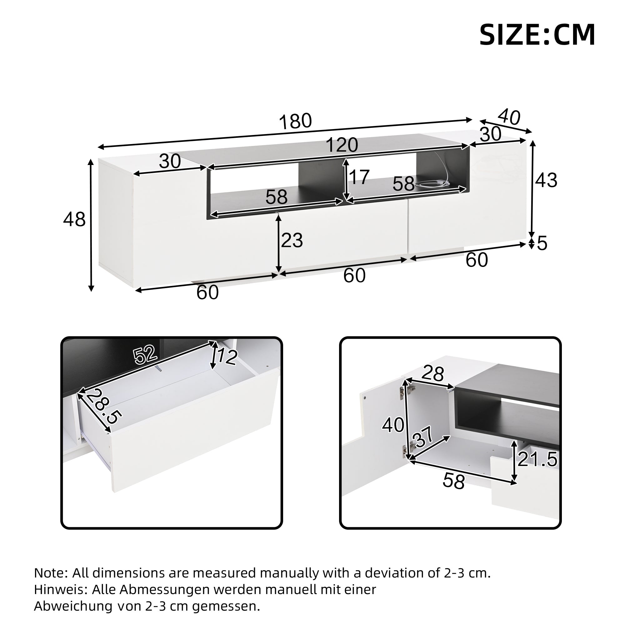 TV Stand Lowboard L-Shaped LED Light Drawers for 75-Inch TV, High Gloss White/Black