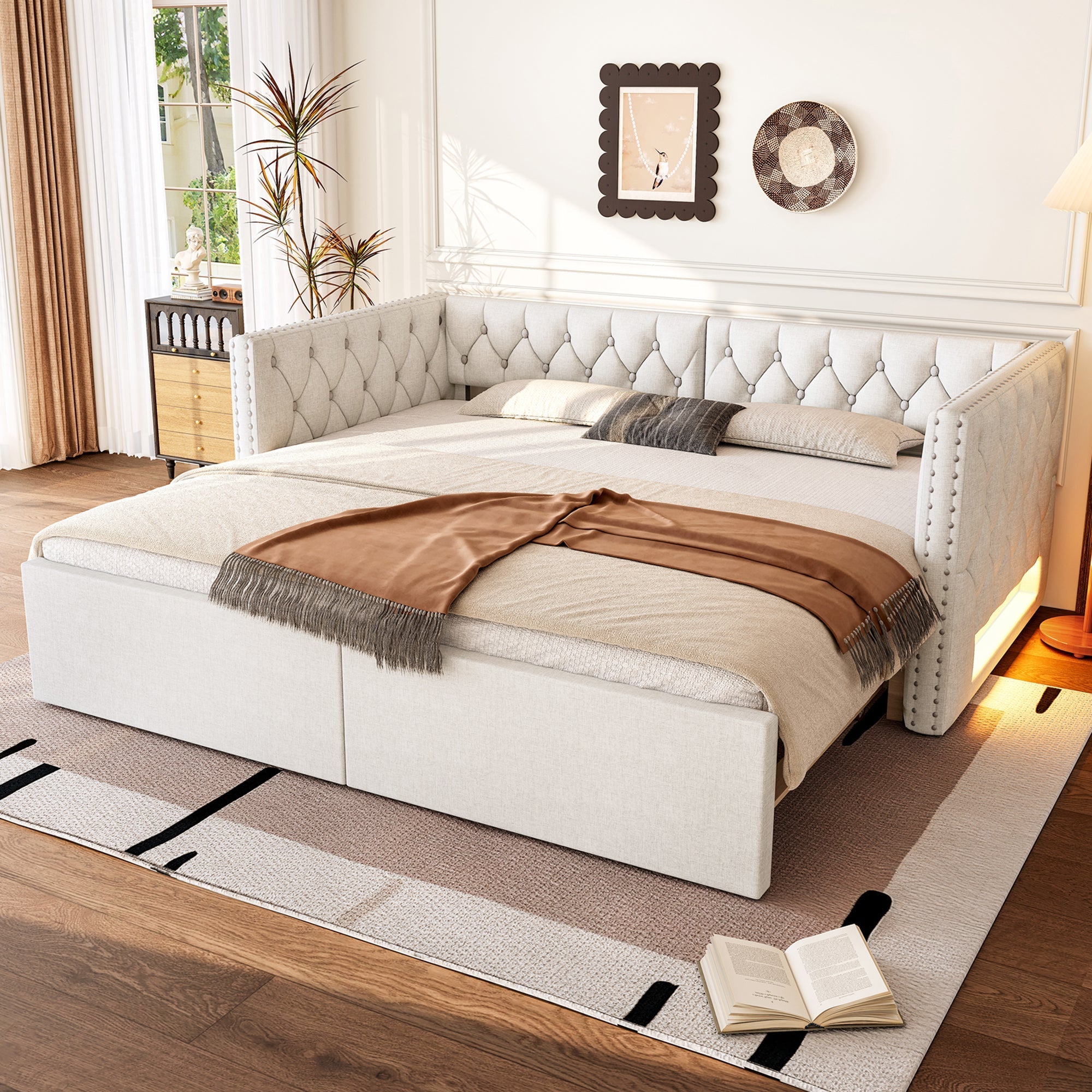Extendable Daybed 90x200-180x200 Upholstered LED - Beige
