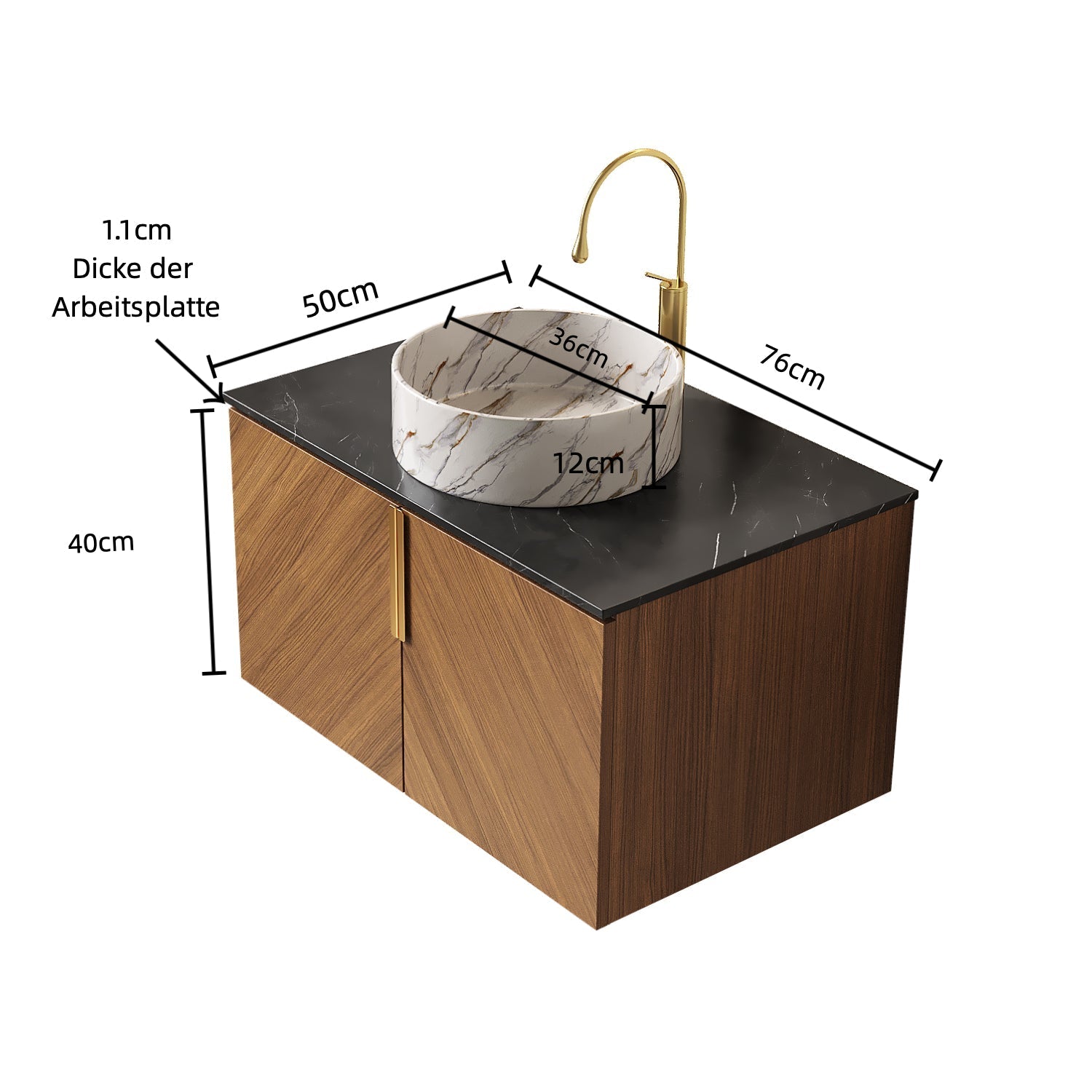 ARAI 76cm Wall-Mounted Bathroom Vanity Unit with White Ceramic Basin, Black Sintered Stone Countertop, Espresso Plywood
