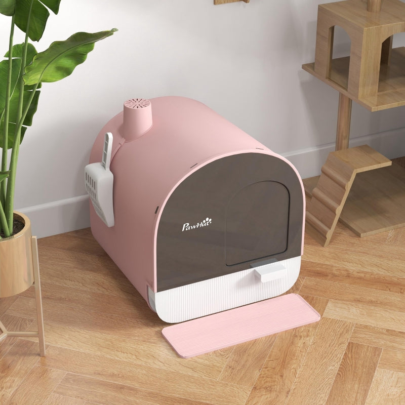 Cat Litter Box, Lid, Scoop, Dirt Trap Mat, Plastic, Pink/Black