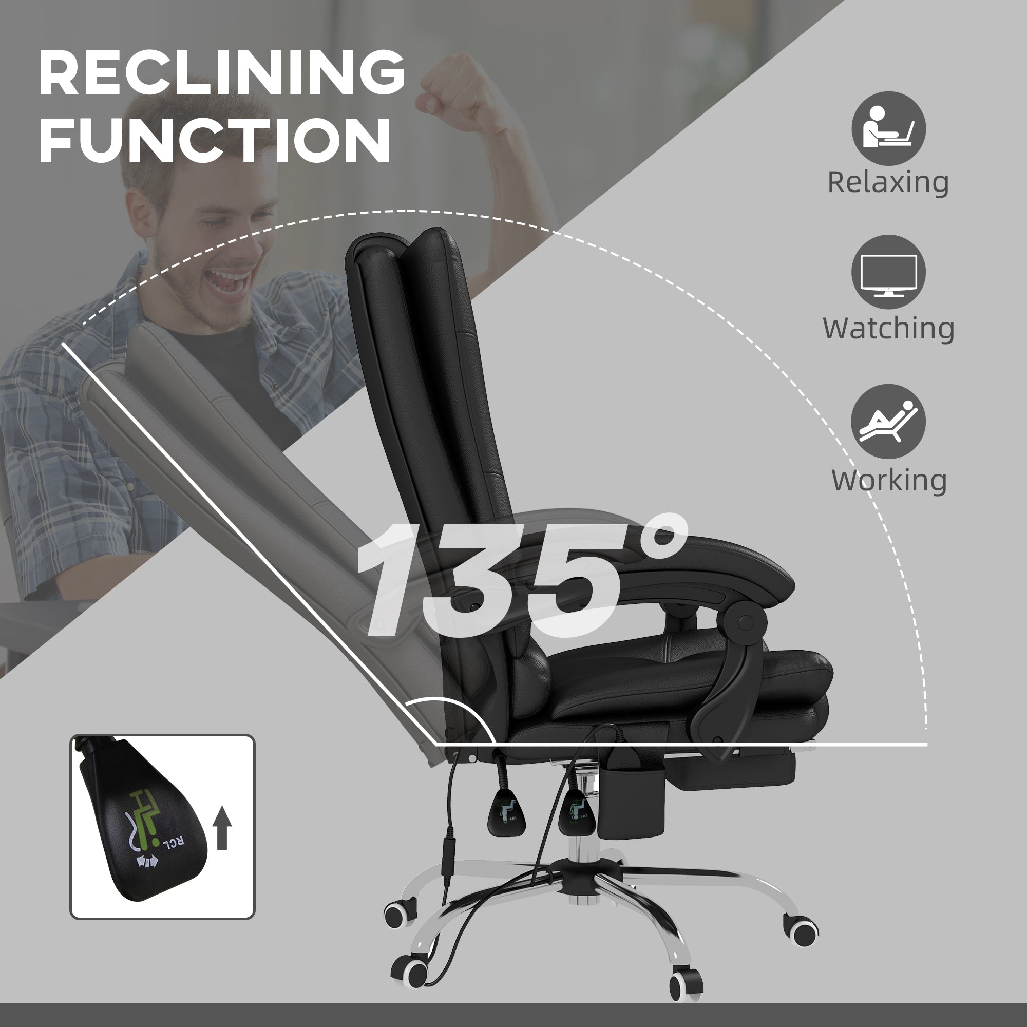 High Back Office Chair, Vibration Massage Heated Reclining 135° Footrest, PU Leather Black