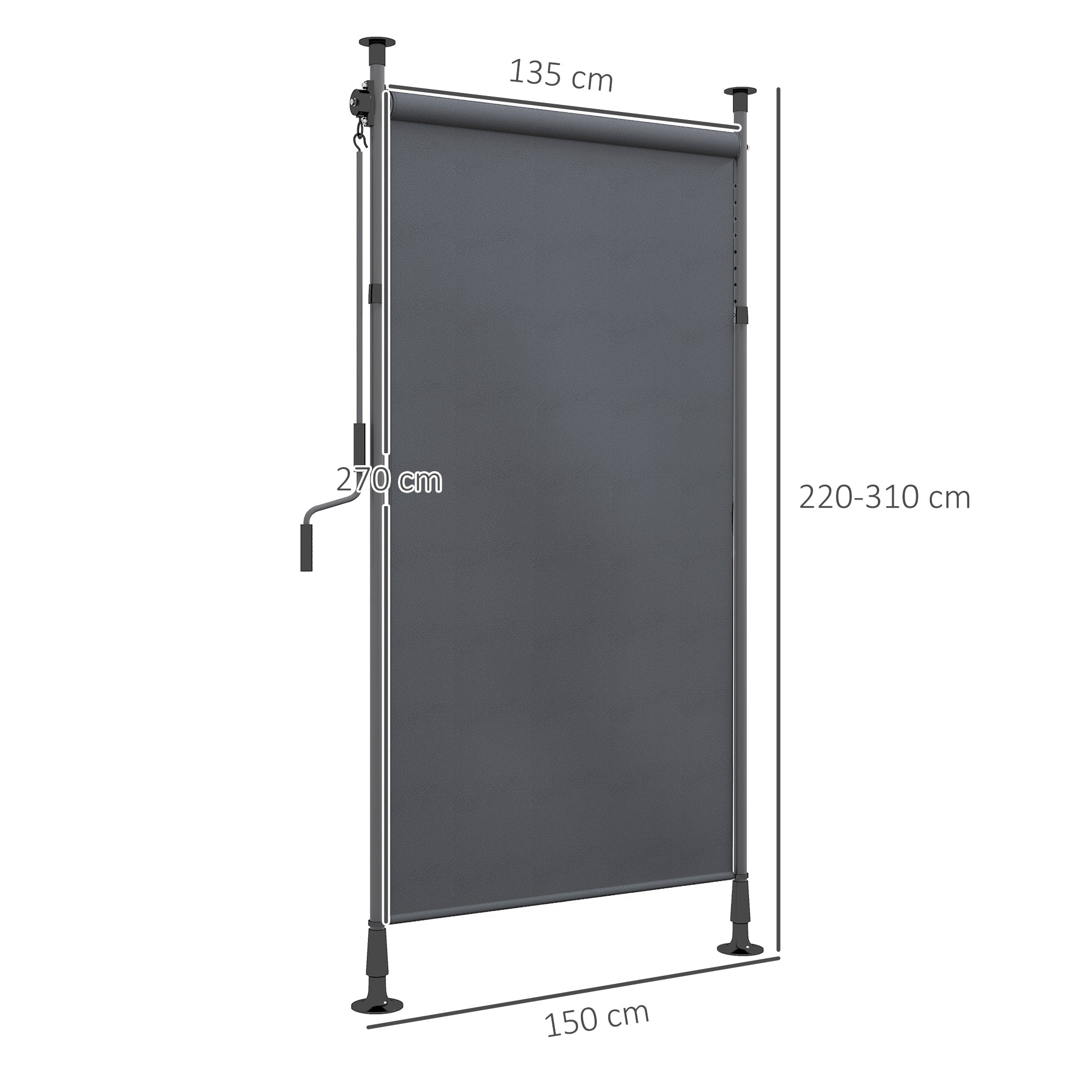 Vertical Awning/Balcony Blind 150 x 220-310cm Crank Weatherproof Polyester Dark Grey