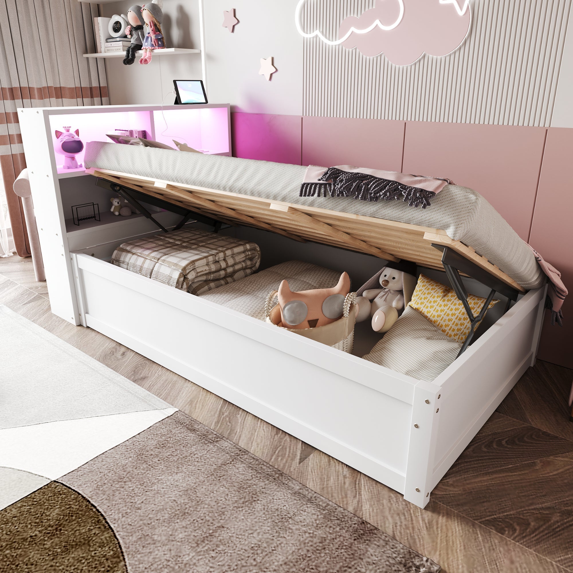 Sofa Bed 90*200, Hydraulic with Storage & Light Bar, White Wood