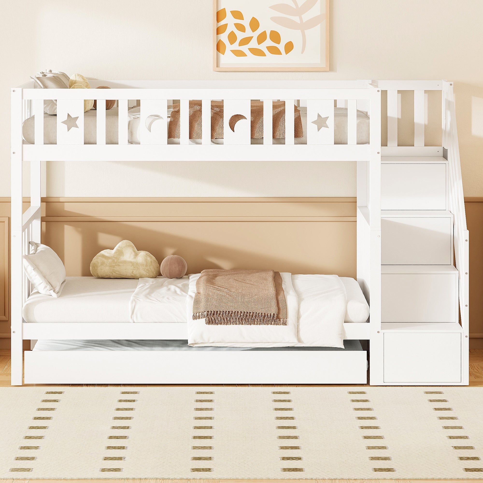 Children's Bunk Bed, 90*200 cm with Pull-out Bed, Safety & Storage Stairs, Solid Wood White