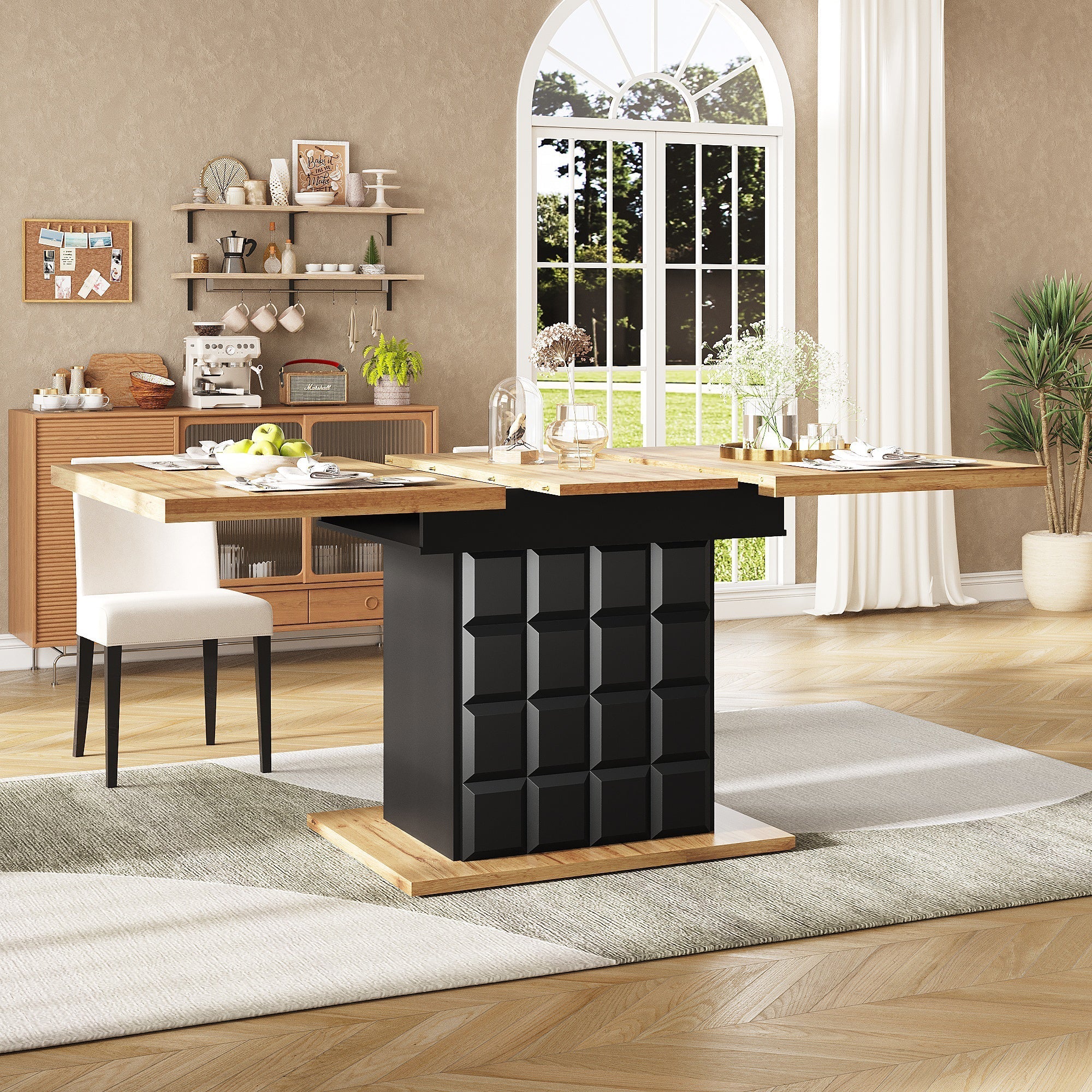 Telescopic Dining Table, Foldable & Extendable, Space-Saving, Checked Pattern