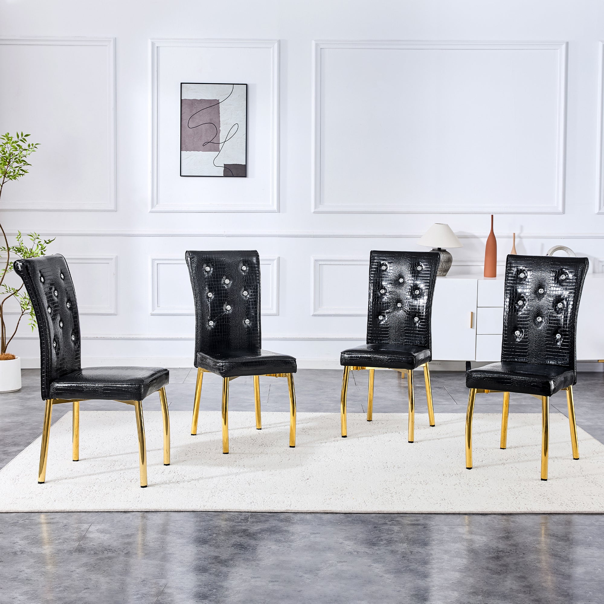 Dining Chairs Set of 2 Retro Upholstered Alligator-Skin Crystal Buckle Gold Legs Faux Leather