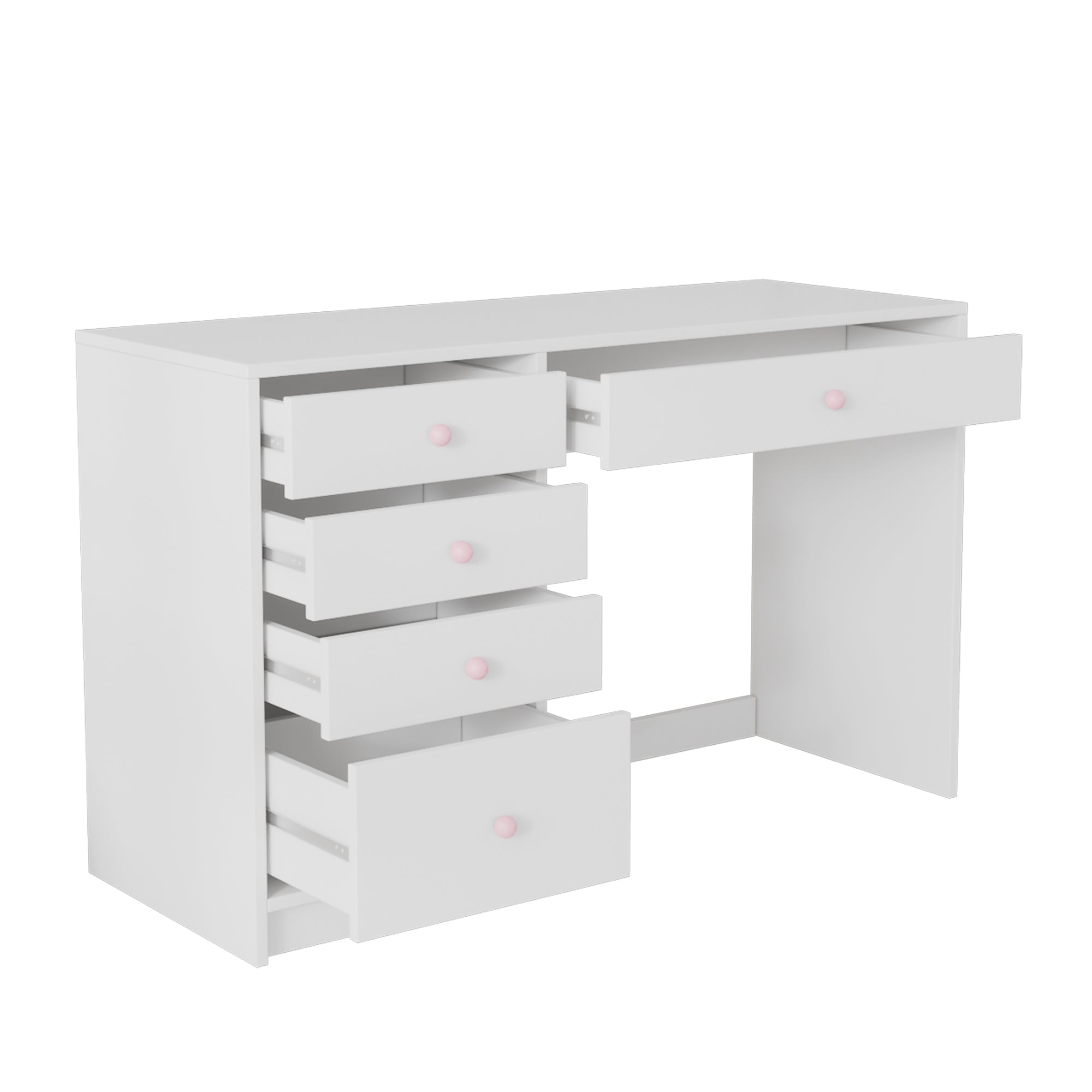Desk Children's/Computer Dressing Table 5 Drawers Pink Ceramic Handles, White