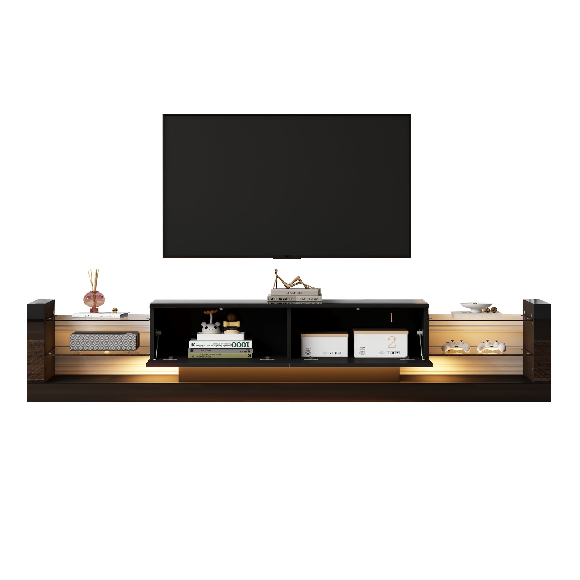TV Cabinet, 181cm LED Lit, 80-inch Capacity, High-Gloss White