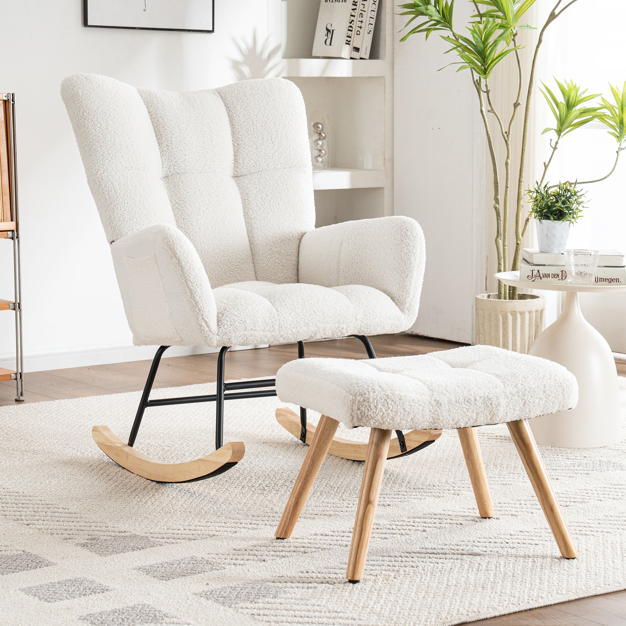 Ergonomic Rocking Chair with Footstool, Rubber Wood Frame, White