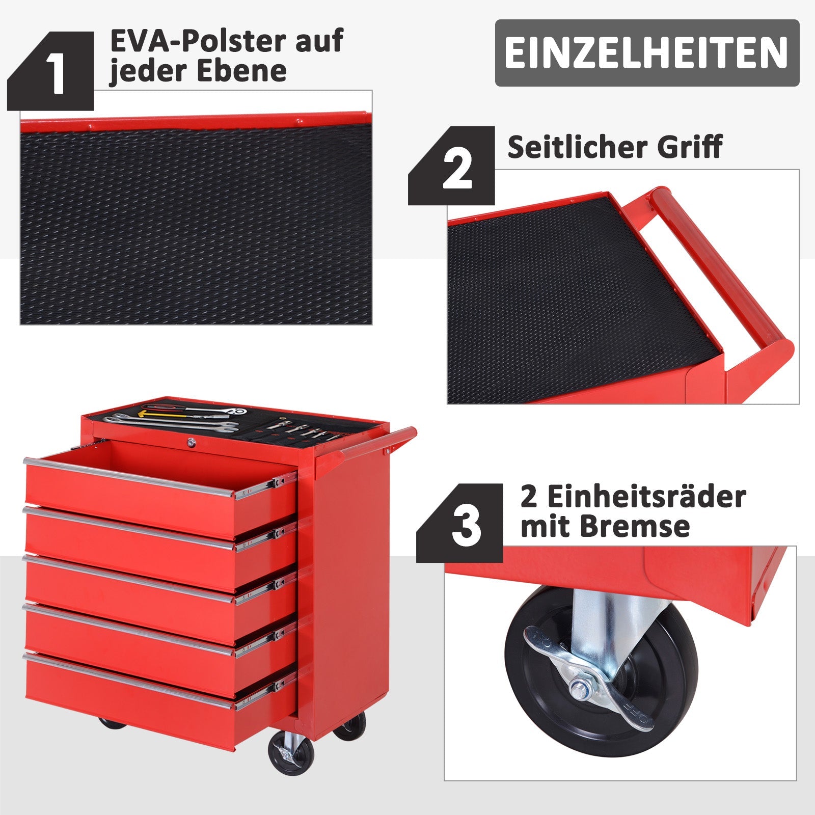 DURHAND Workshop Trolley, 5 Drawers, Lockable, Mobile, 150 kg, Steel Red