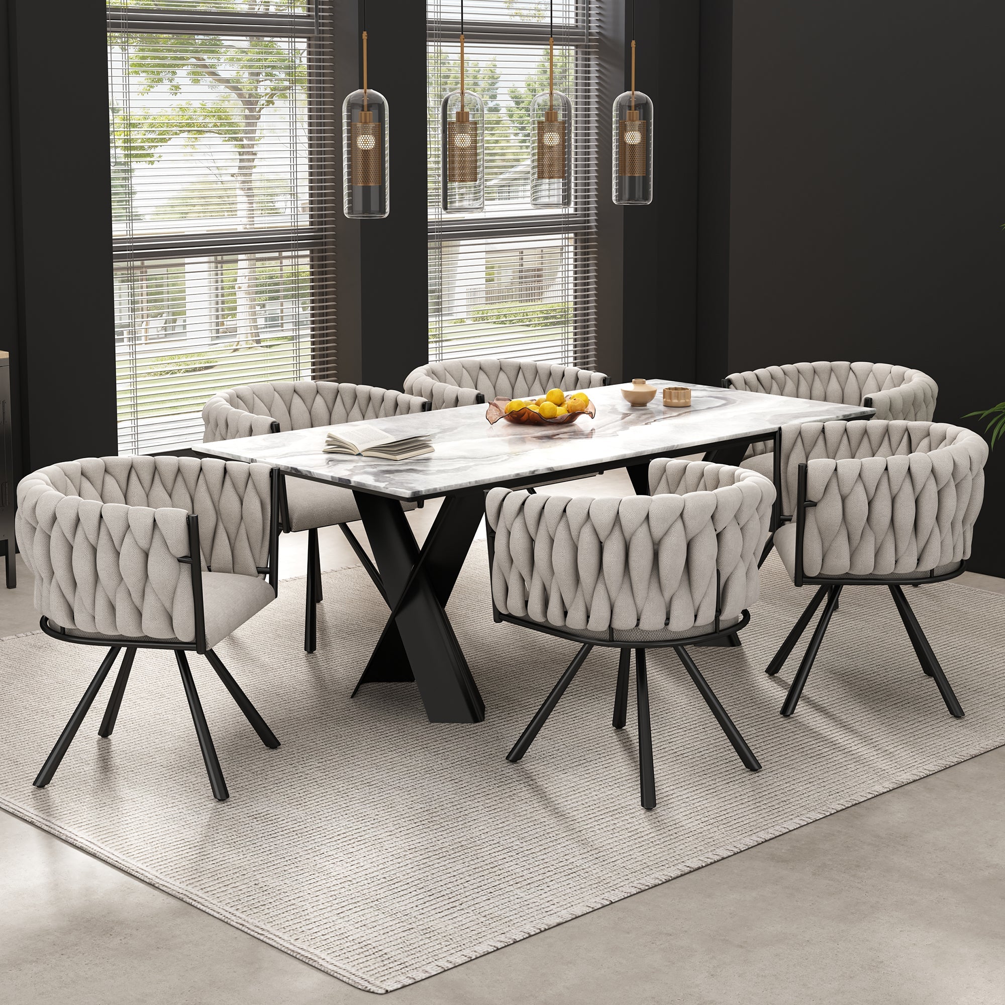 Linen Dining Swivel Chairs, Set of 6, Leisure Armchair with Metal Legs, Beige and Black Linen