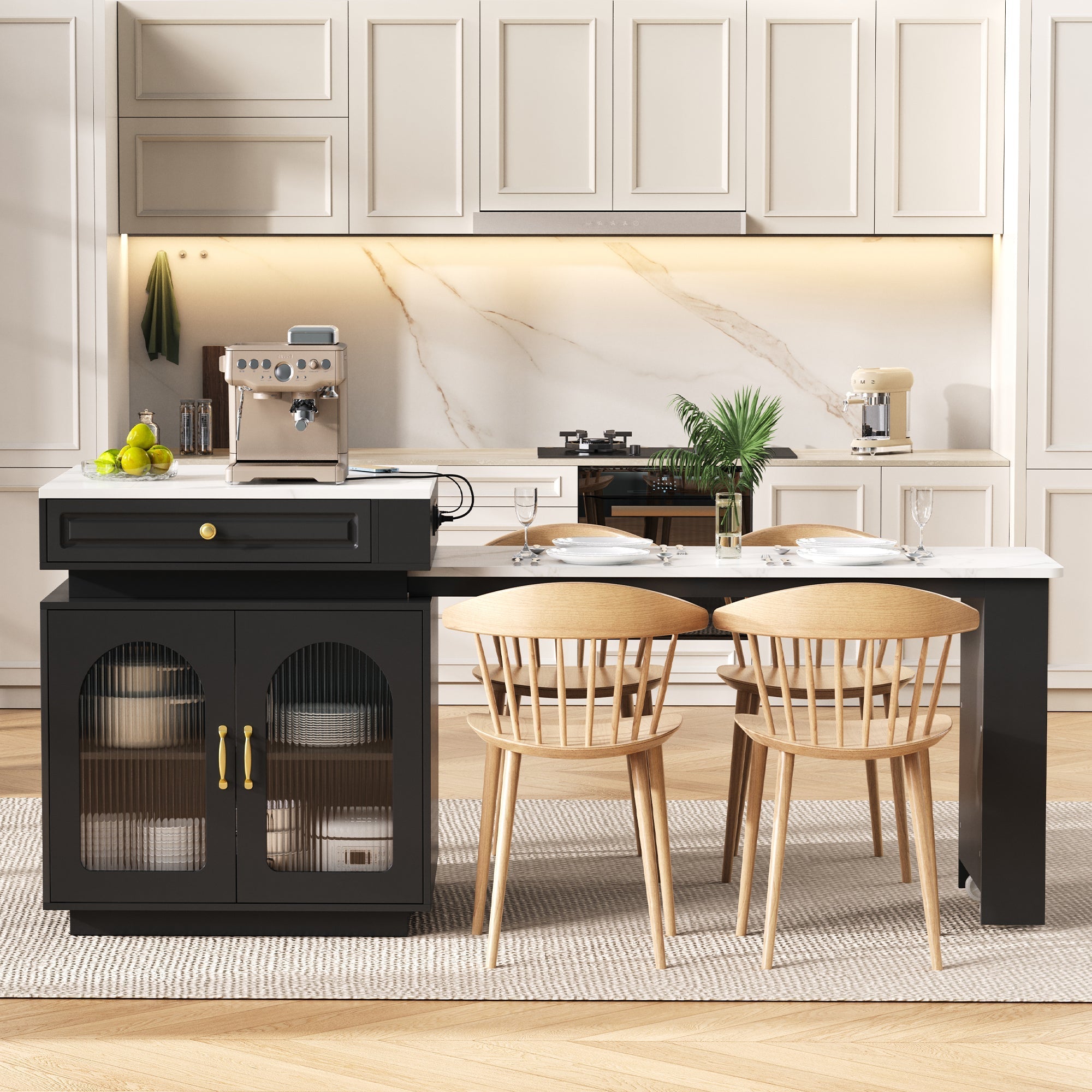 Kitchen Island Extendable Dining Table with Wheels LED Power Strips Black