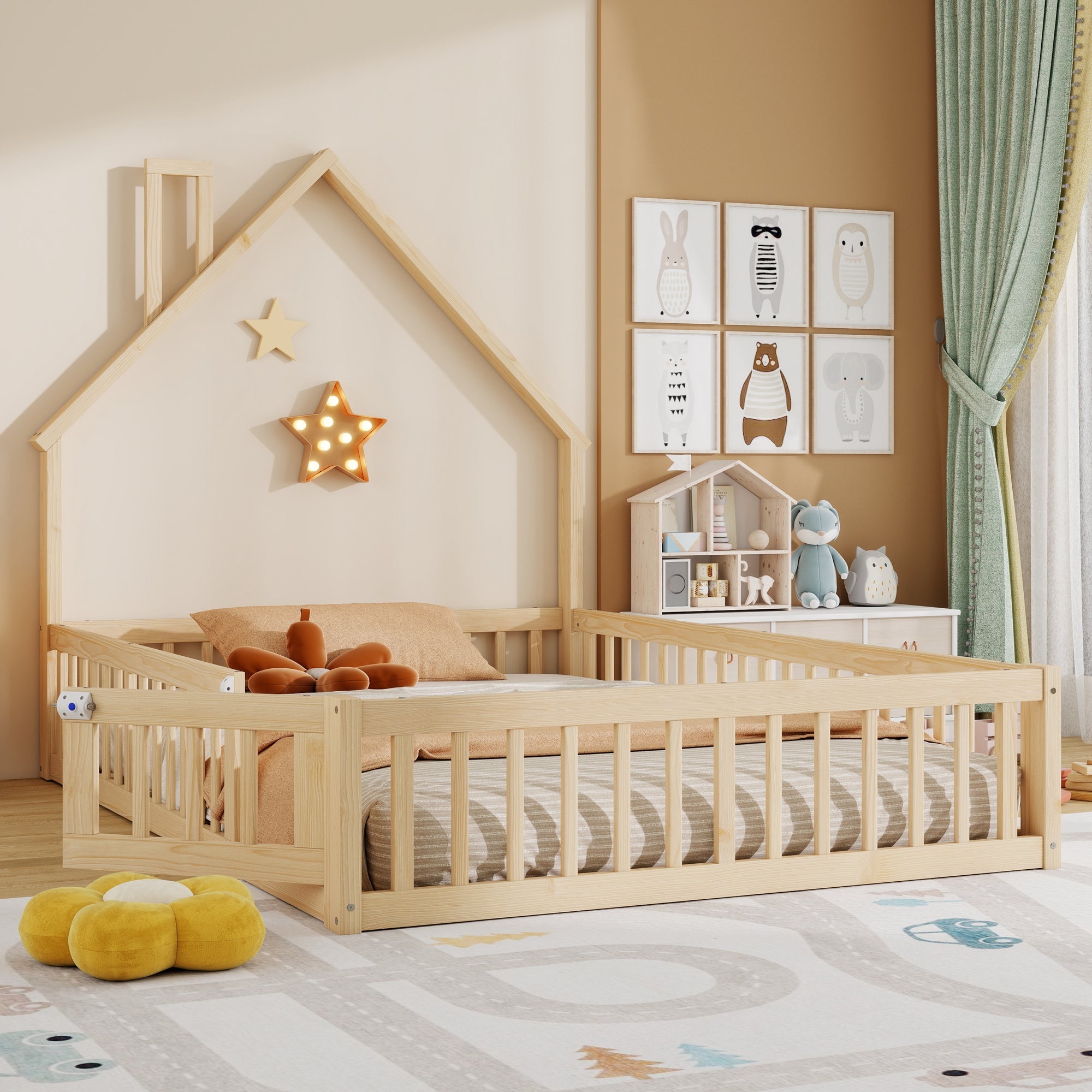 House Bed with Chimney Shape and Slatted Base, 140x190cm, Natural Pine Wood