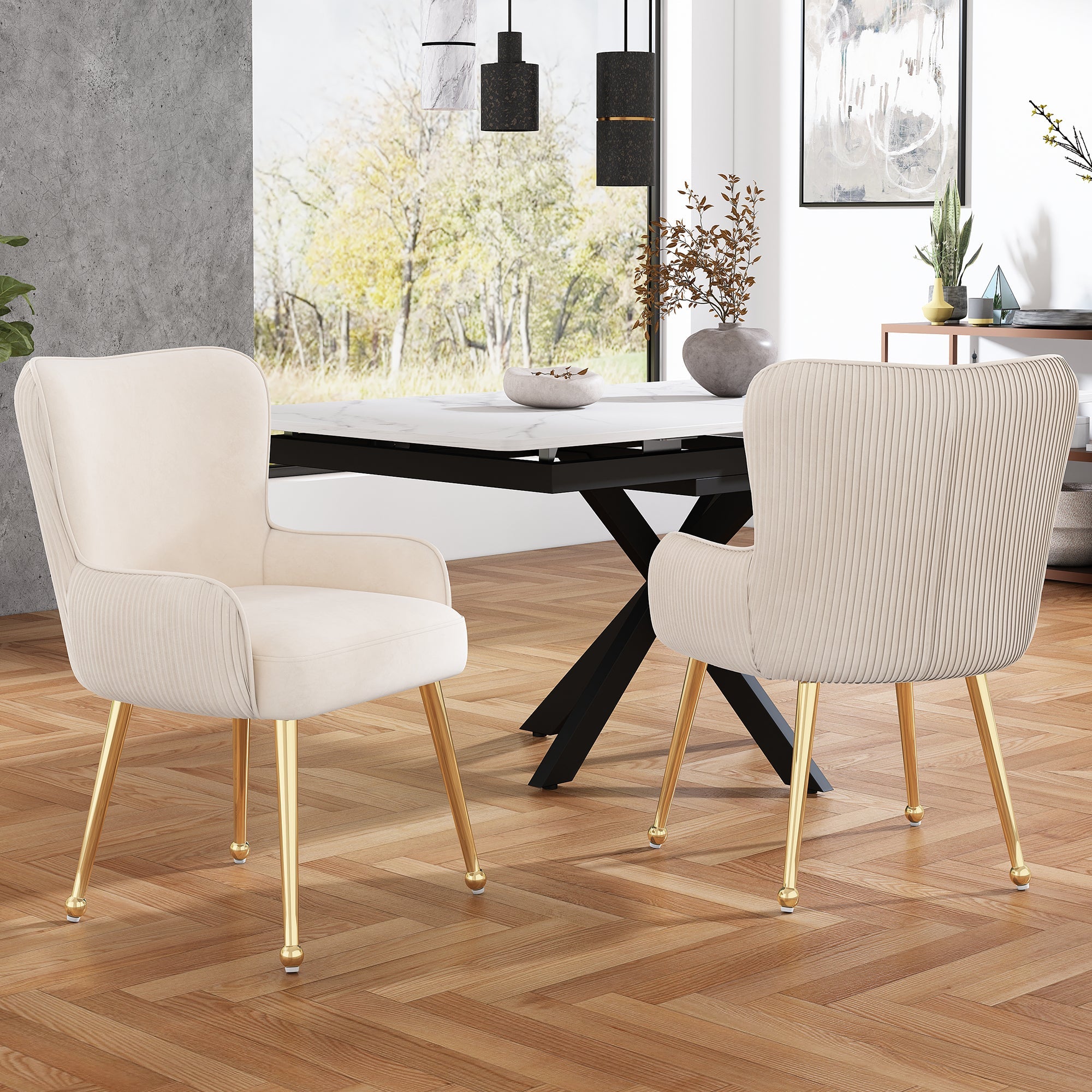 Velvet Dining Chair Set of 4 Gold Metal Legs Armrests Lumbar Support - Beige