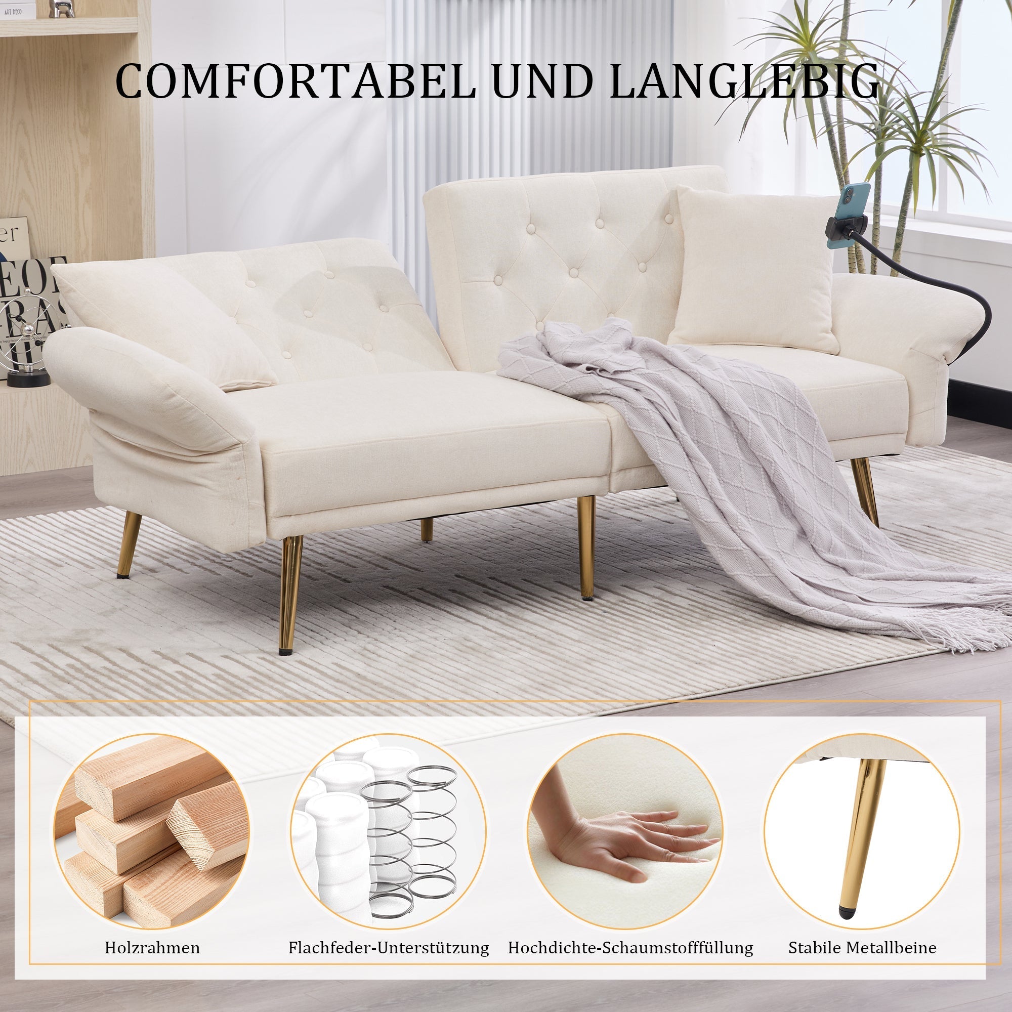 Sofa Bed, Multifunctional Adjustable Backrest USB Ports Phone Holder Metal Legs, Metal