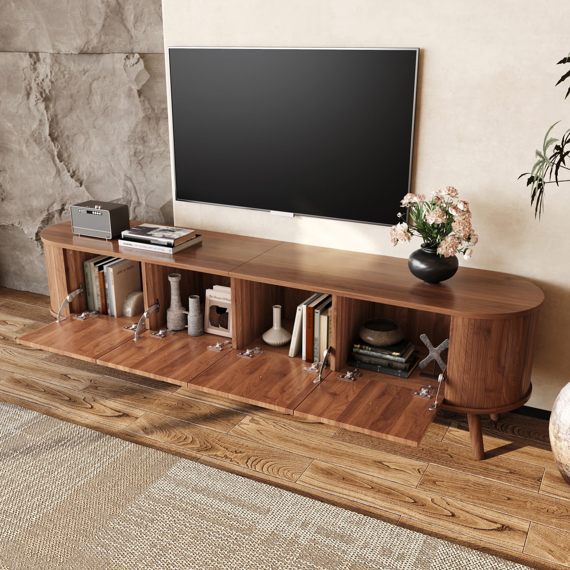 TV Stand Modern Low 4 Cabinet Doors Gold Handles 180cm