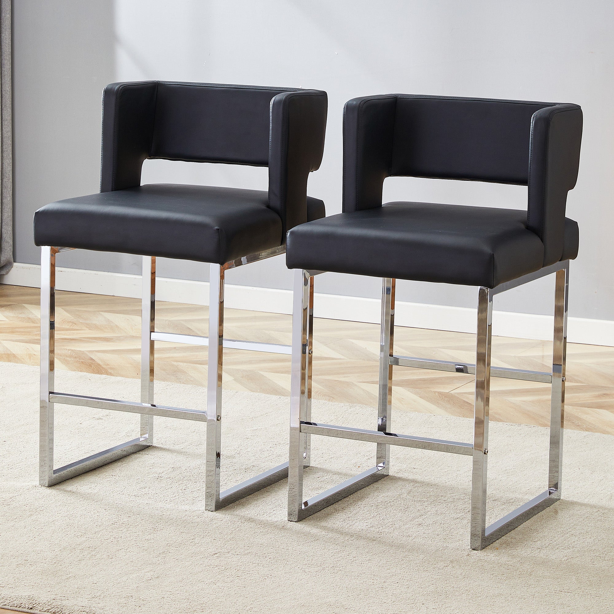 Set of 2 Bar Stools Nordic Style Square Design Metal Legs - Black