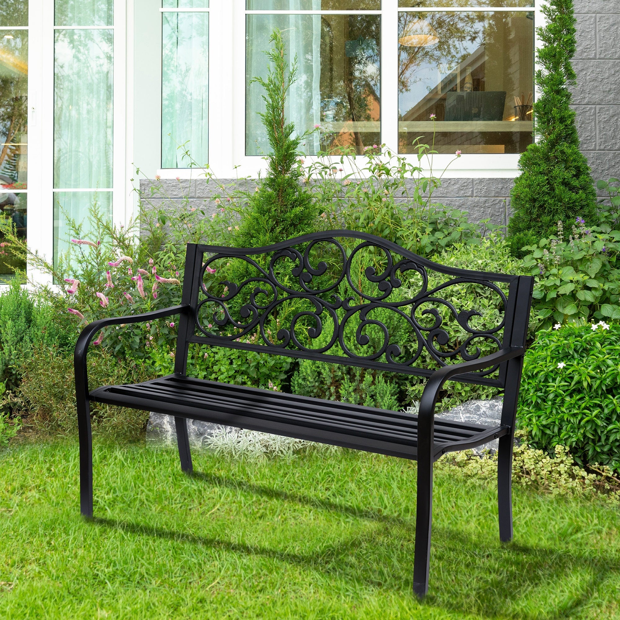 Garden Bench 3-Seater Steel with Cast Iron Armrests, Black