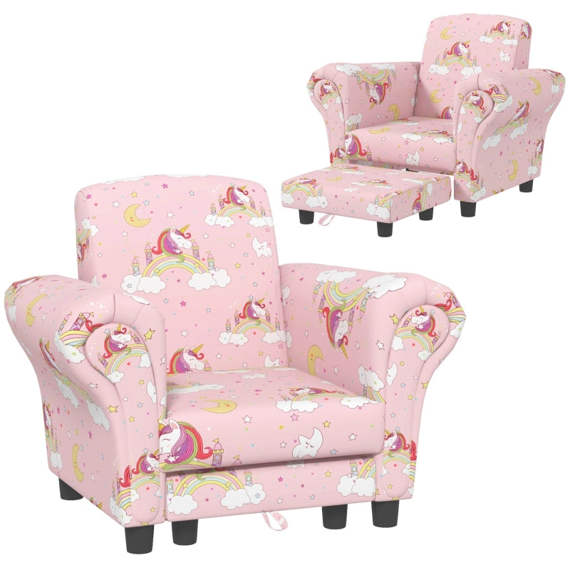 2 Piece Kids Sofa Set Unicorn Design Wooden Frame Pink