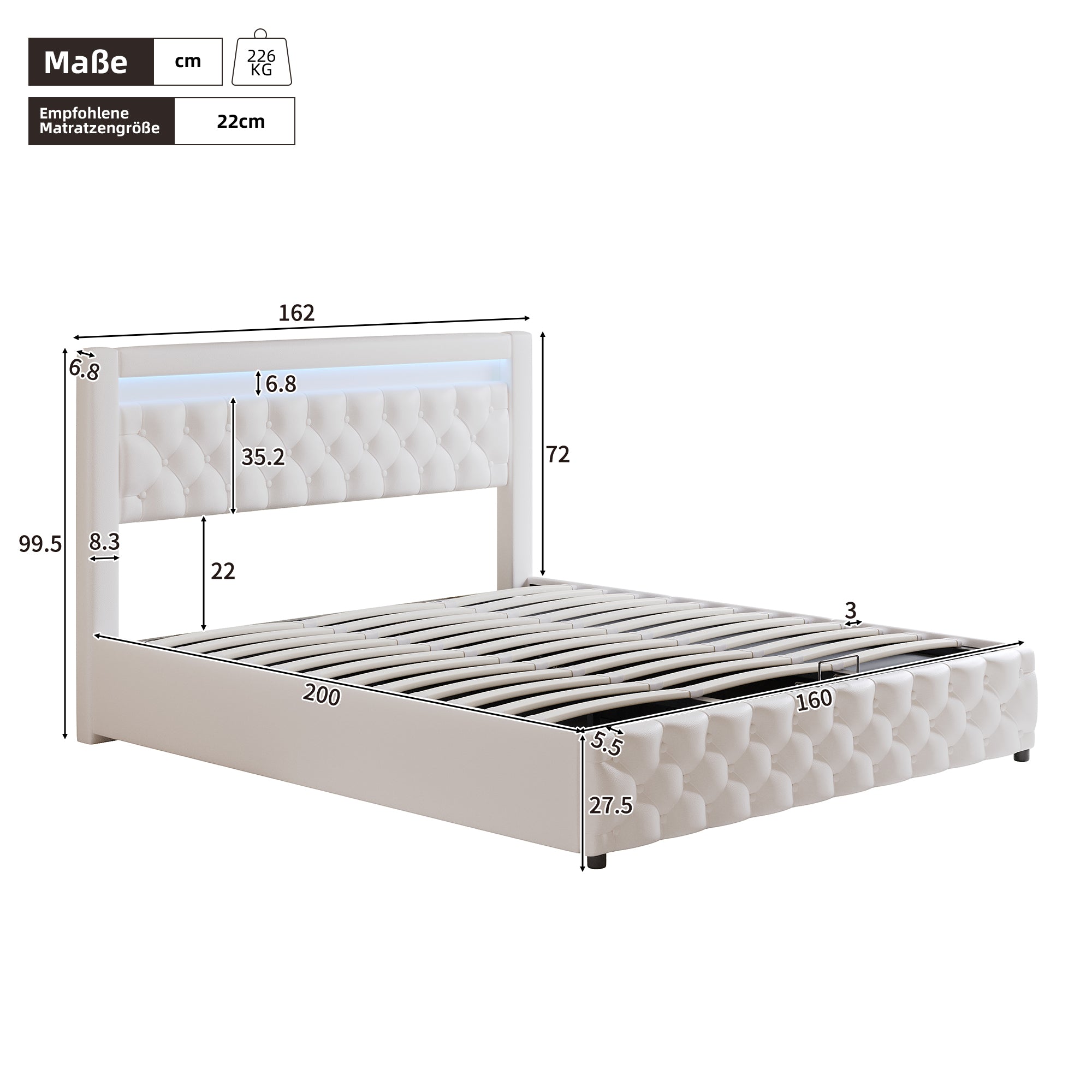 Upholstered Double Bed with LED Lights, Drawers and Slatted Frame, 160x200cm, White PU