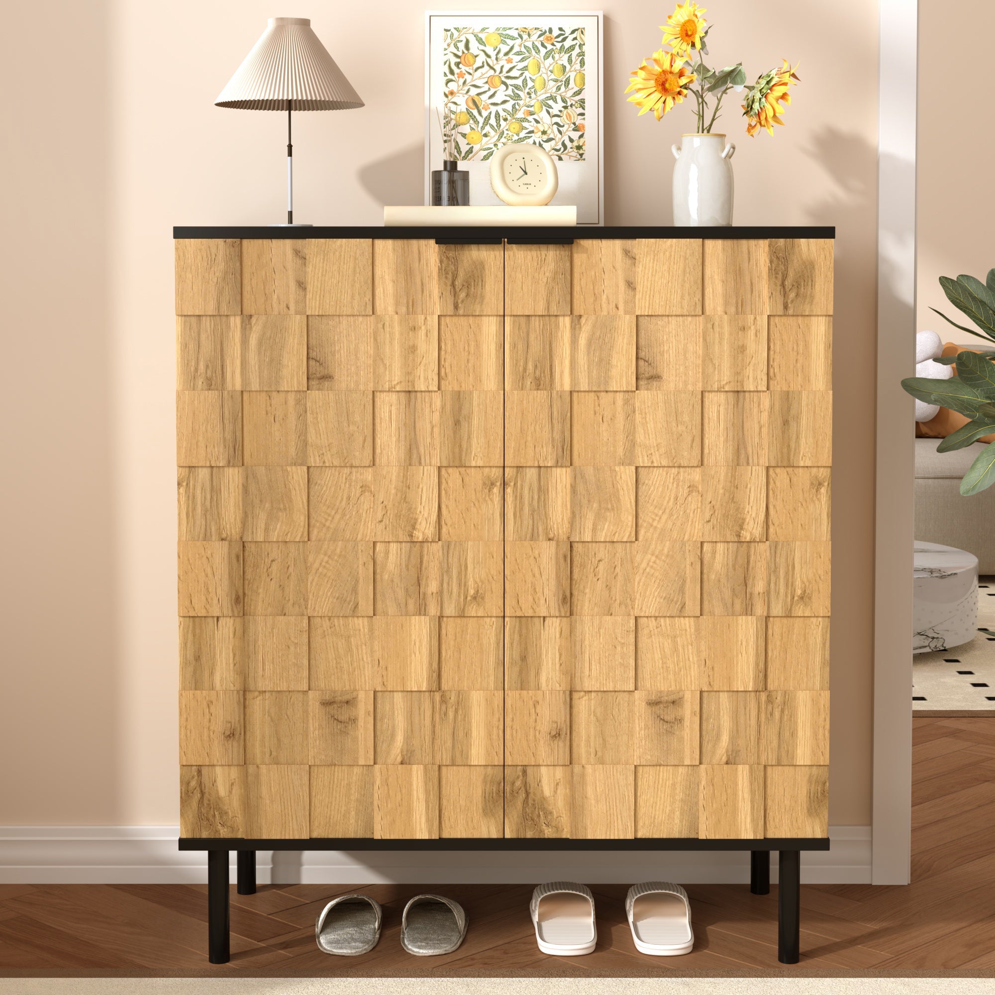 Mosaic Shoe Cabinet with 2 Doors and Adjustable Compartments, Wood Look Chipboard