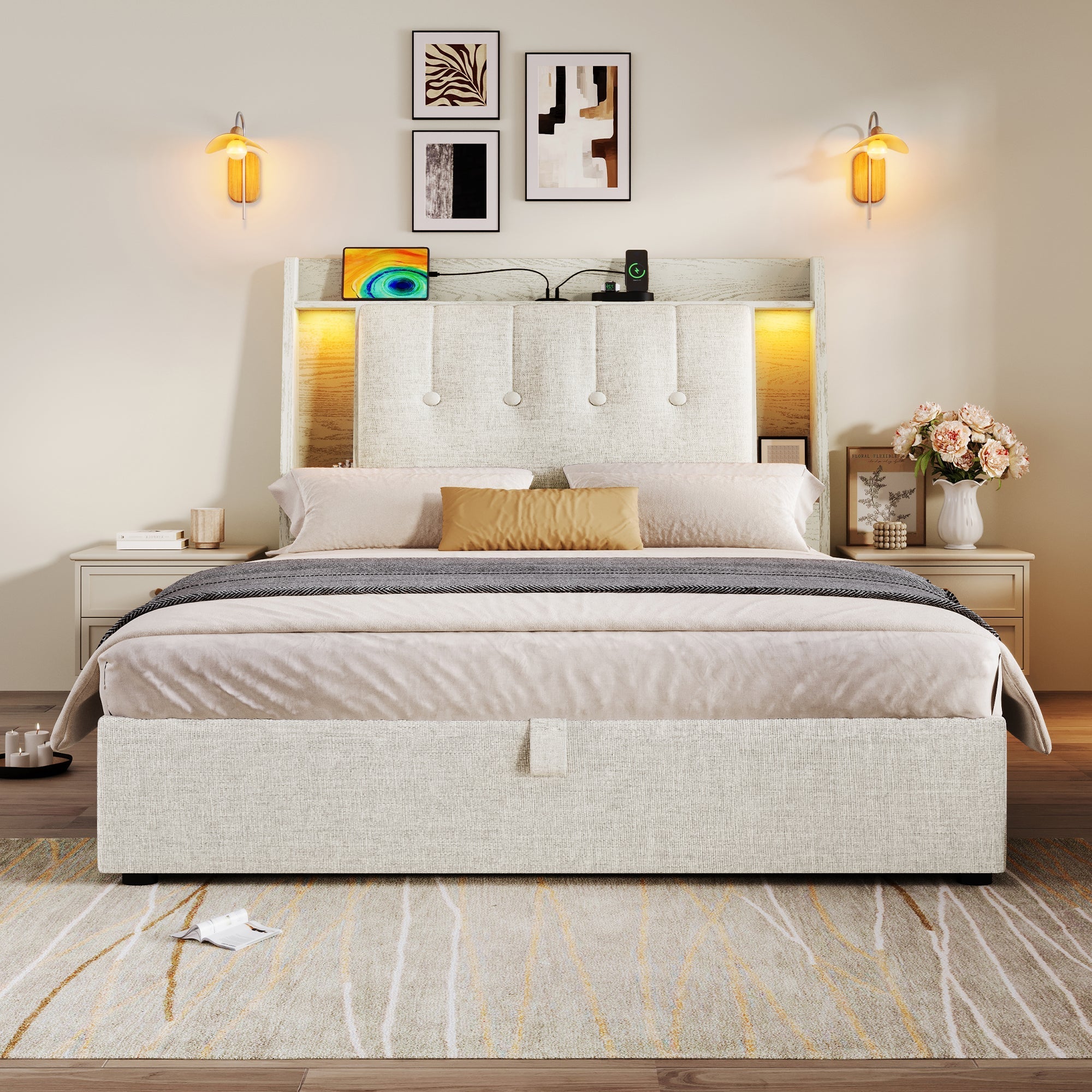 Upholstered Bed 90x200cm Storage LED USB/Type-C App Control - Linen Beige