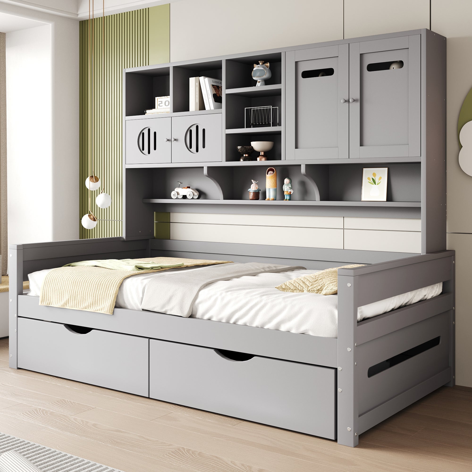 Wooden Sofa Bed, 90x200cm, Multifunctional Storage, Large Drawer, Grey