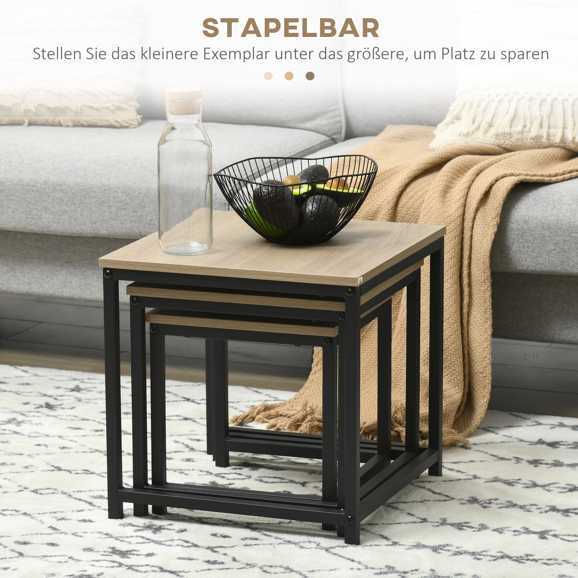 Set of 3 Coffee Tables Nesting Steel Frame Wood Look, Natural