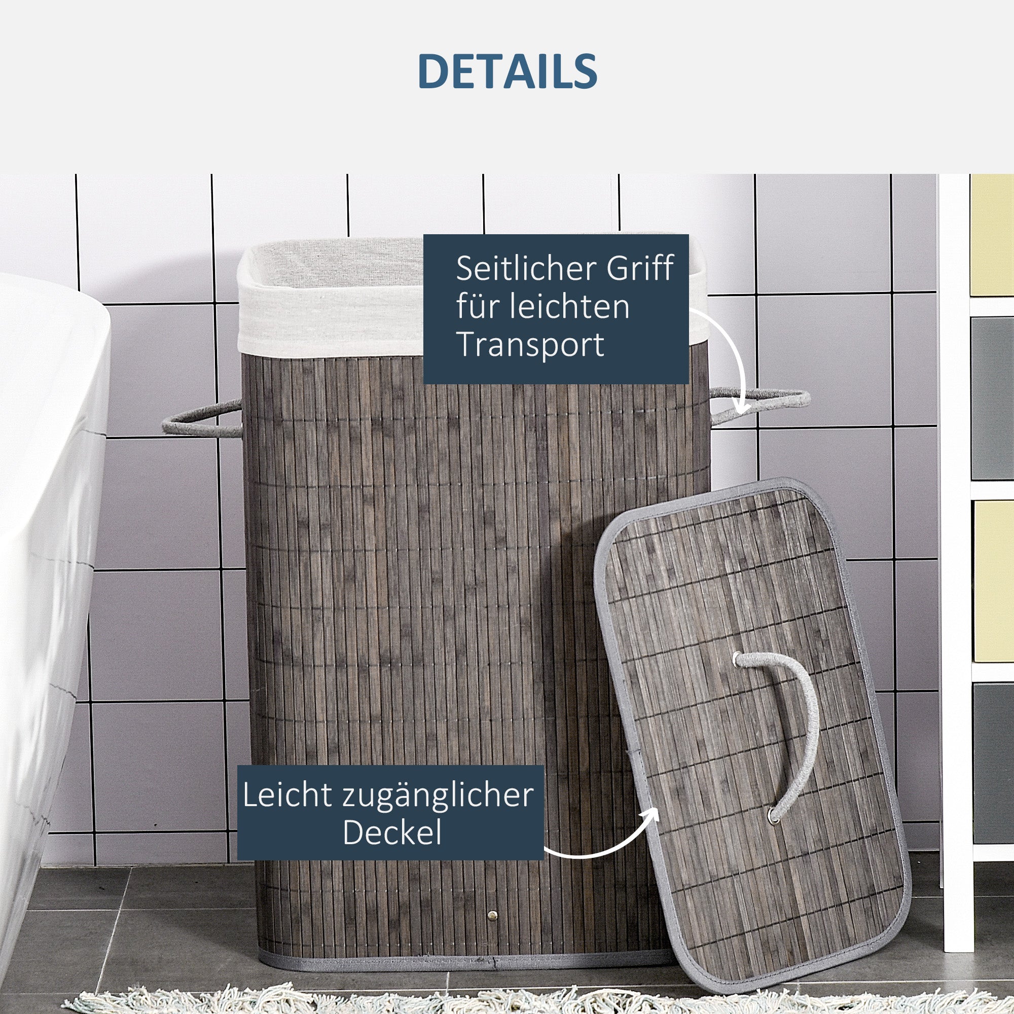 Wäschekorb Bambus 83L mit Deckel, Griffen, abnehmbarem Wäschesack, Grau